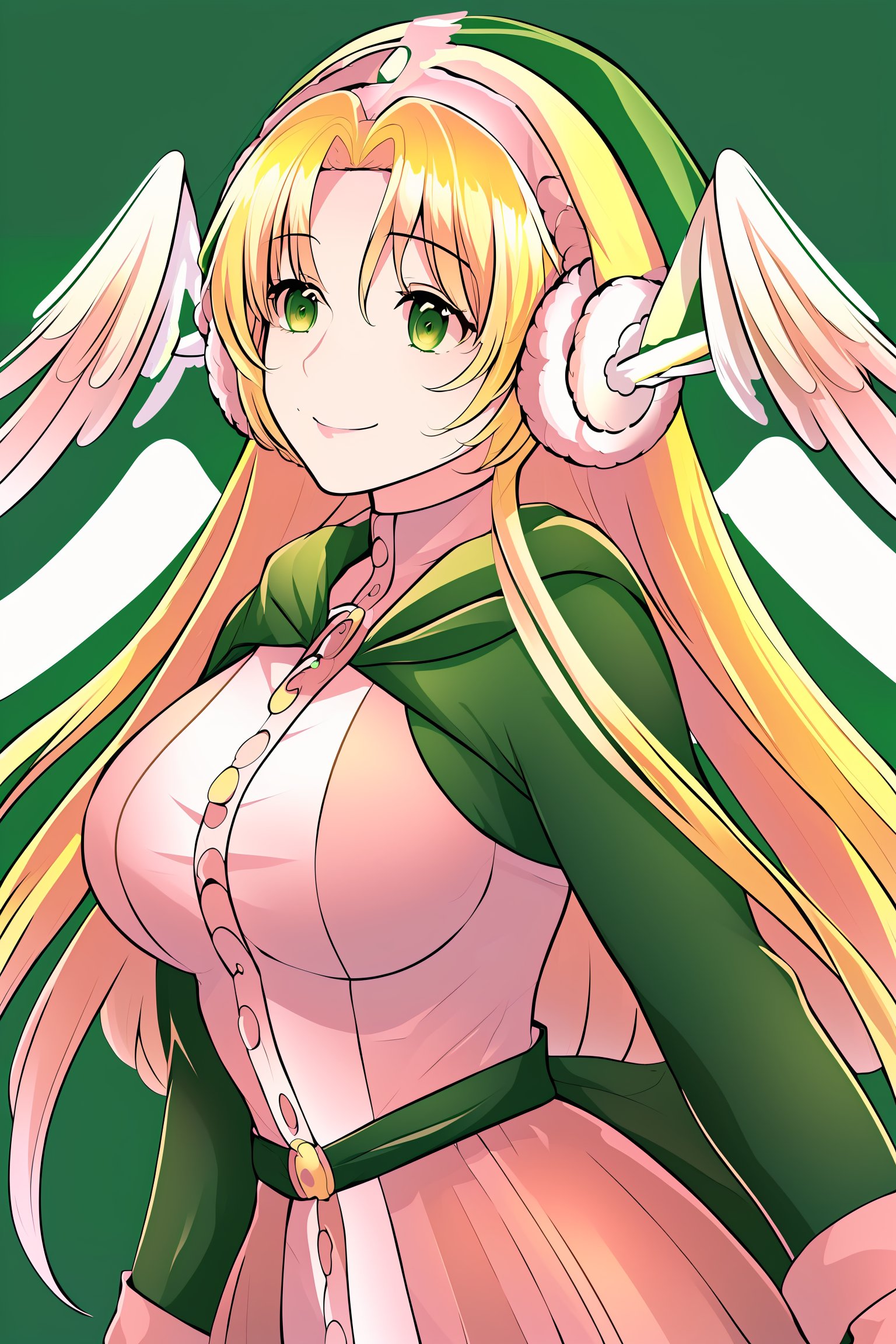 Masterpiece, top quality, high definition, artistic composition,, looking away, (smiling),  dramatic, high contrast,  1girl, solo, medium chest, Divine Chant, 4th Seat of the Black Scripture, blonde hair, green eye, (pink dress:1.2), green hood, very long hair, (angelwing-shaped earmuffs:1.5),