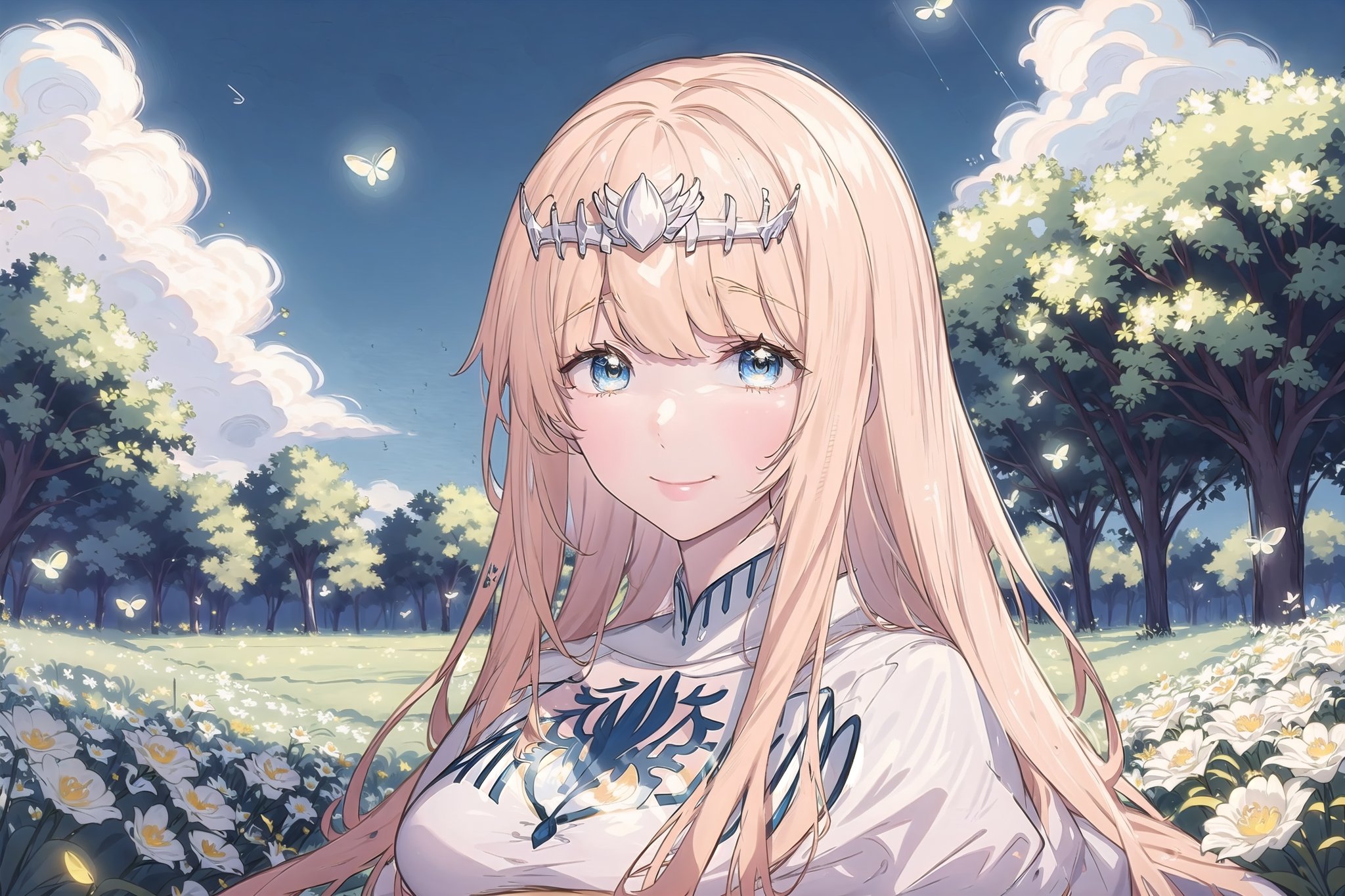 1girl, solo, looking at viewer, smile, ,, sitting, very long hair, closed mouth, , flower, , outdoors, sky, day,, cloud, , , , tree, blue sky, , nature, , yellow flower, Calca, Calca Bessarez, blonde hair, (extremely long hair:1.3), very long hair, white tiara, white dress, blue eyes, medium chest,1 girl,portrait,glitter,Chromaspots,lofi artstyle,firefliesfireflies