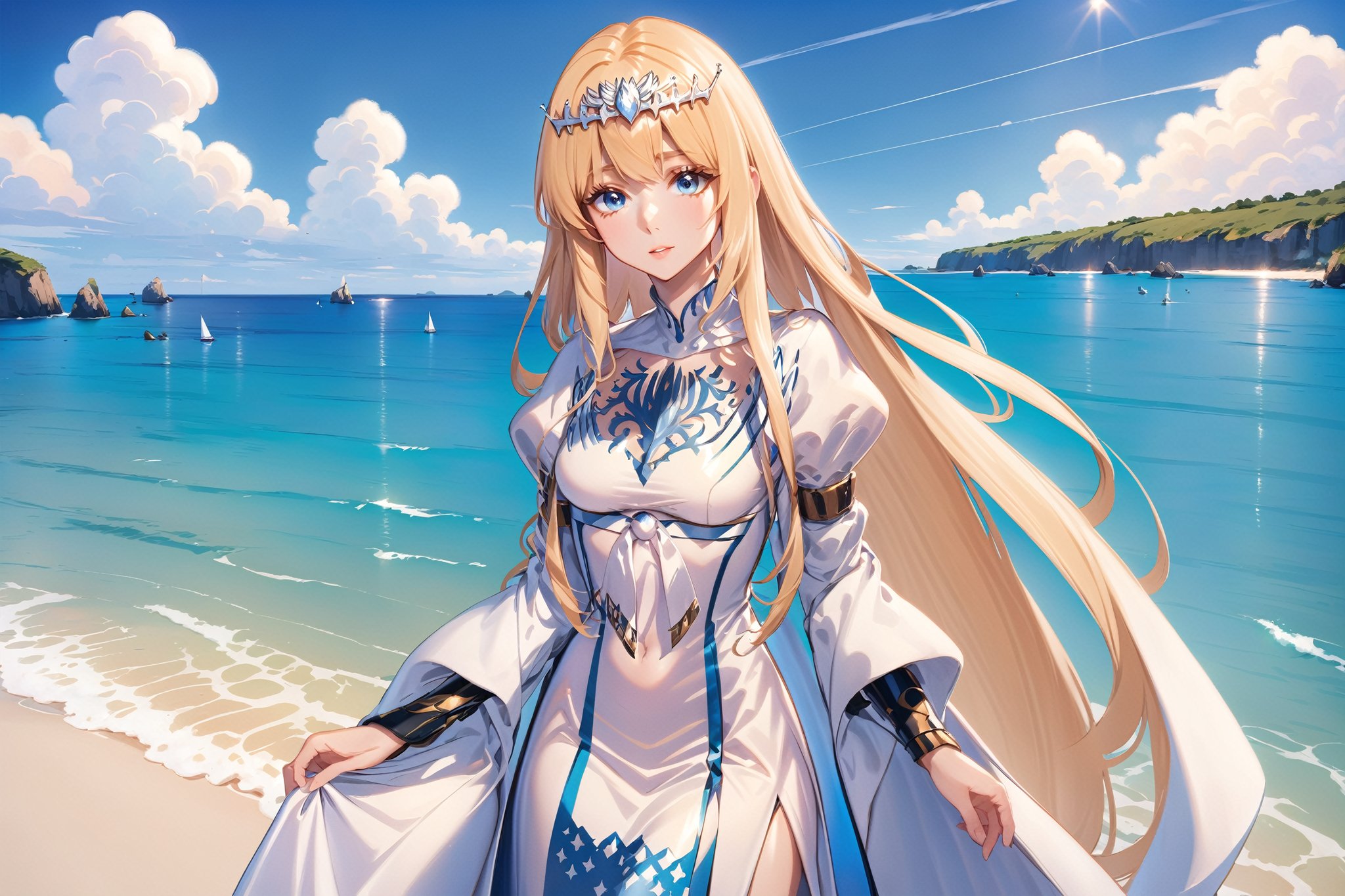  1girl, solo, calca, blonde hair, medium chest, (extremely long hair:1.3), very long hair, extra long hair, white tiara, white dress, blue eyes,Calca Bessarez,Calca, 25 years old,