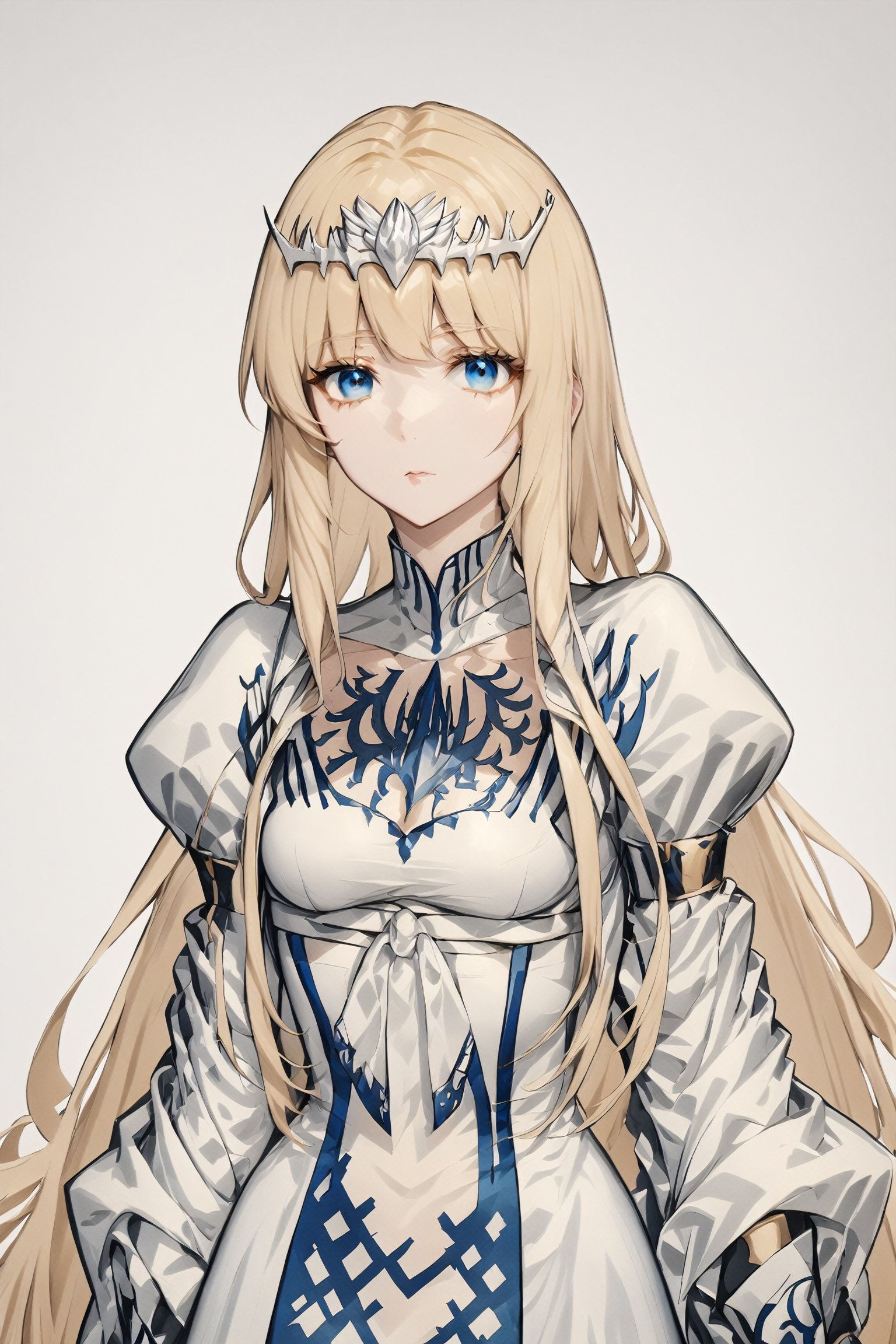 1girl, solo, beautiful blue eyes, Calca, Calca Bessarez, blonde hair, (extremely long hair:1.5), very long hair, white tiara, white dress, blue eyes,, , extremely long hair