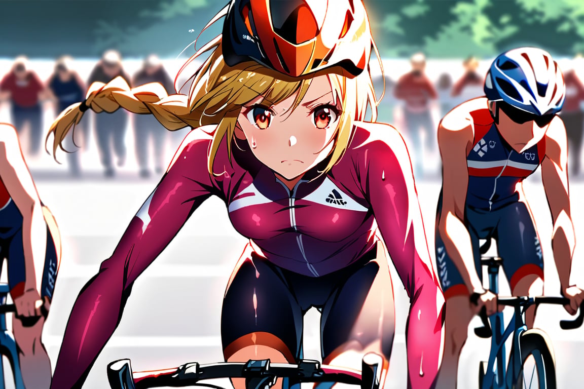 A determined female Olympic cyclist in mid-pedal stroke,  her eyes fixed on the finish line. Framing from directly behind,...