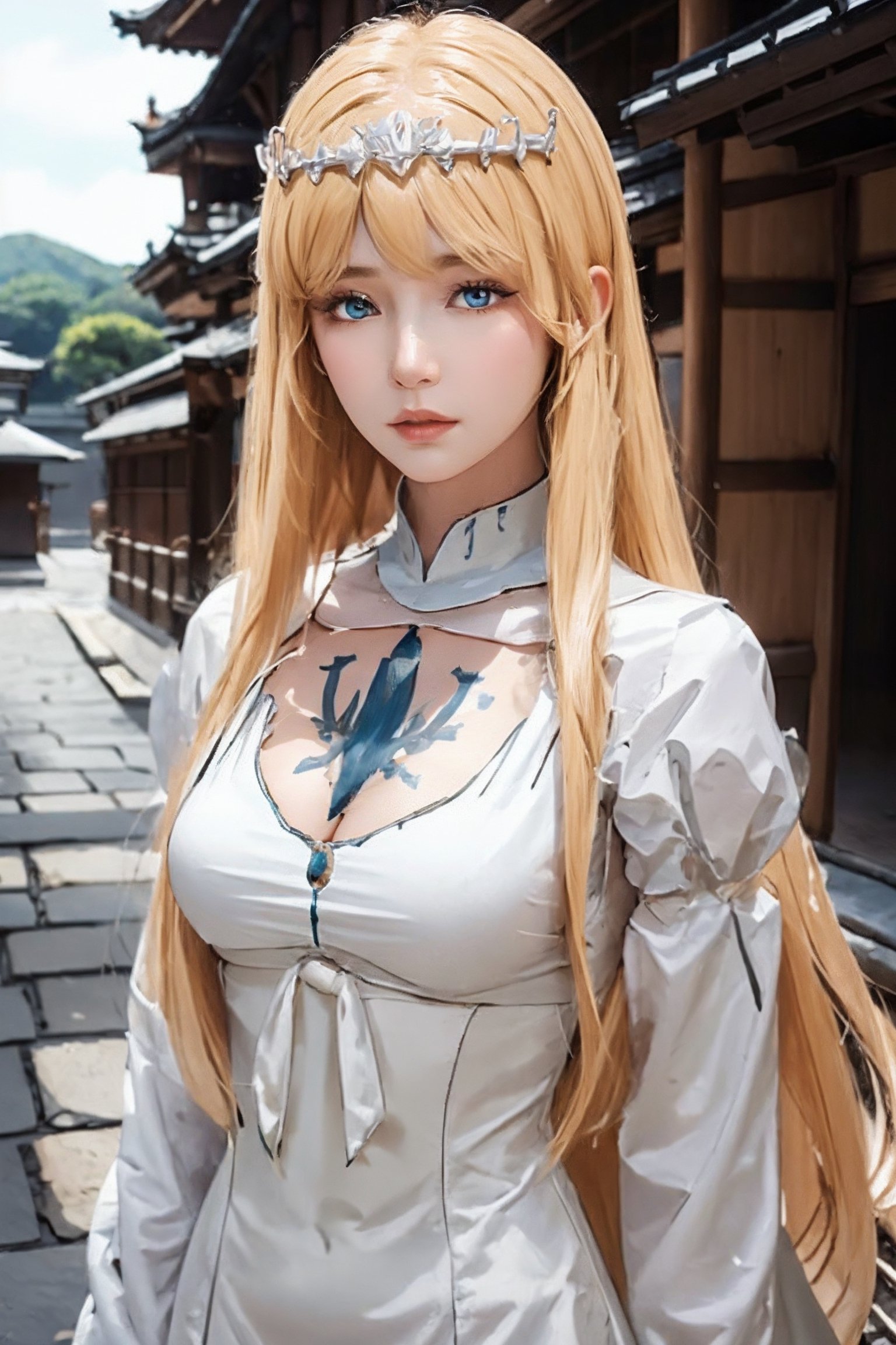 , 1girl, solo, Calca, , calca, blonde hair, long hair, medium chest, extremely long hair, very long hair, extra long hair, white tiara, white dress, blue eyes,Calca Bessarez,medium breast,, ,, masterpiece, best quality,, kyoto castle, 