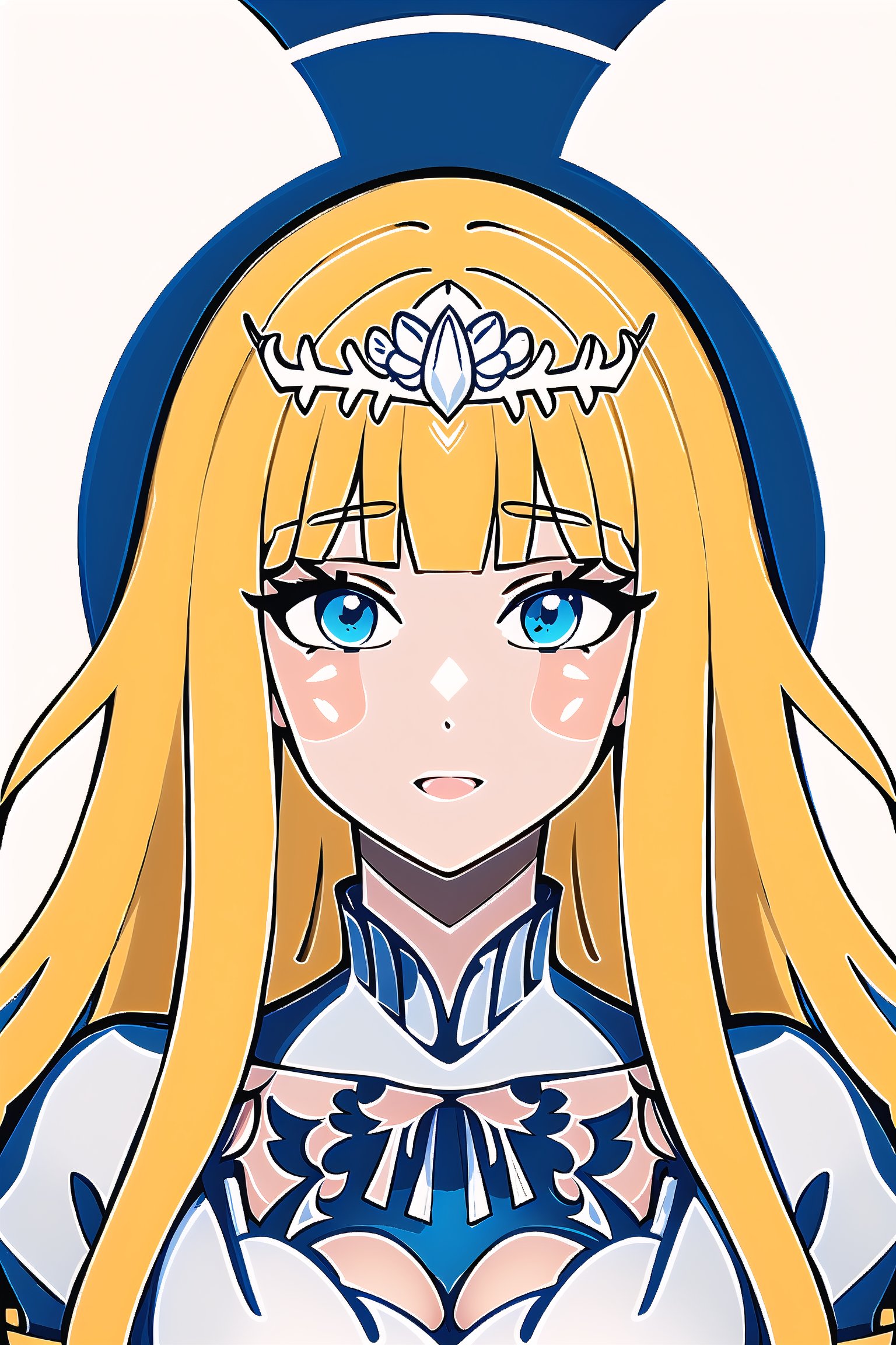 intricate detailed face,very aesthetic ,amazing quality,best quality,flatcolor,vector,line,drawn with intricate lines,best quality,breakdomain, 1girl, solo, Calca, Calca Bessarez, blonde hair, (extremely long hair:1.3), very long hair, white tiara, white dress, blue eyes, medium chest,extremely long hair