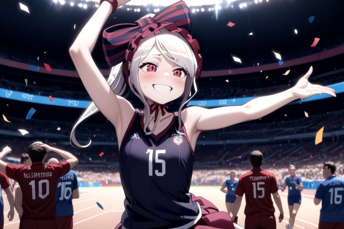 1girl, solo, A charismatic female sport player standing on the court after winning an Olympic game. She's grinning broadly, her face flushed with joy and excitement. She's holding a basketball under one arm, her other arm raised in triumph. Her athletic body is still glistening with sweat from the intense match. She wears a slightly disheveled national team uniform in dark red colors. The background shows a celebratory scene with teammates hugging, confetti falling, and ecstatic fans in the stands. Olympic flags and banners are visible in the arena. Photorealistic style, sharp focus on the athlete's beaming face and upper body. The lighting is bright and festive, highlighting her victorious pose and radiant smile. 8k resolution, highly detailed, capturing every nuance of her post-game elation and the electric atmosphere of the moment.,shalltear bloodfallen \(overlord\), silver hair, red eyes, big ribbon hair ornament, flat chest, small breast