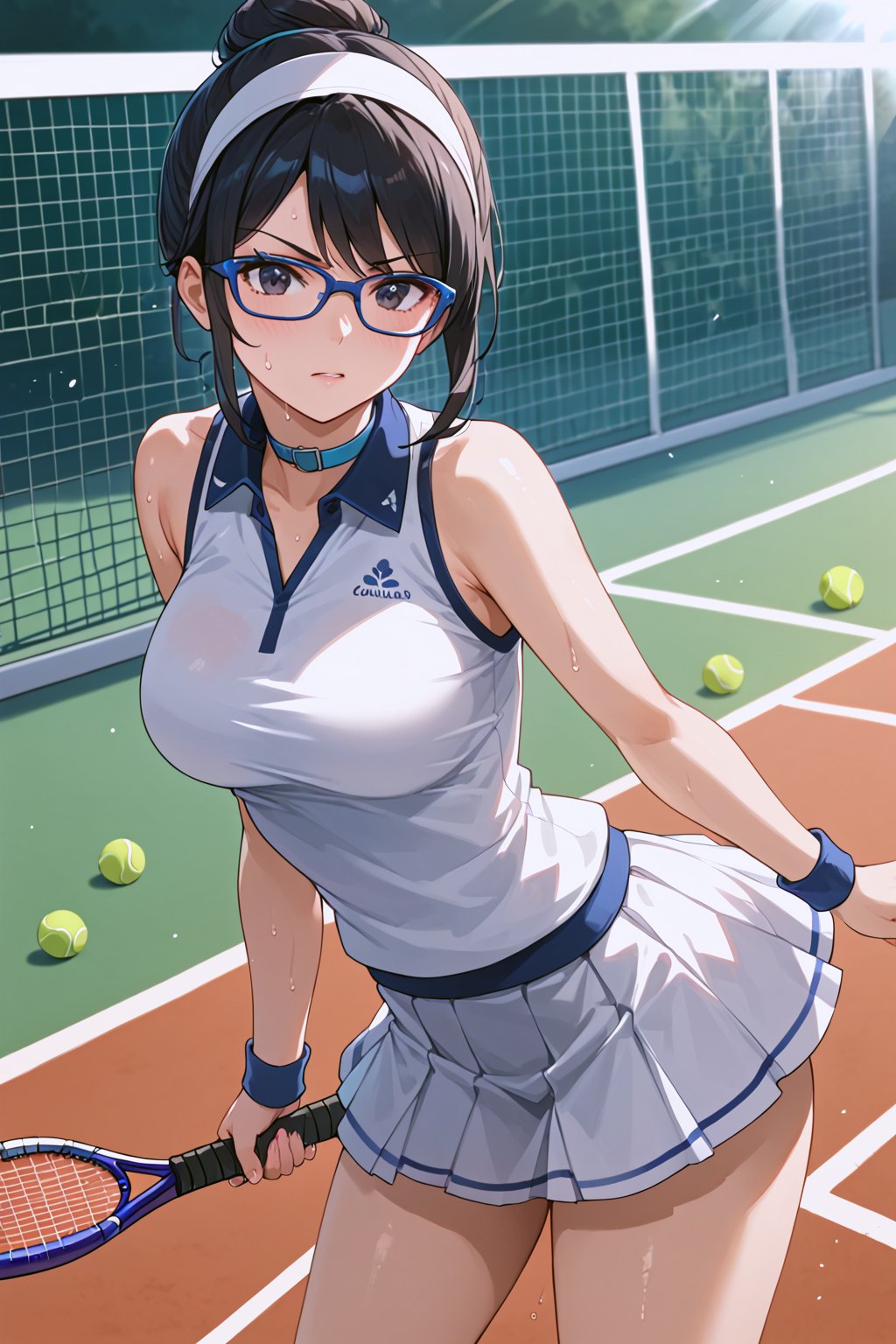 masterpiece, best quality, ultra-detailed, perfect anatomy, High detailed, detailed background, beautiful face, 

, ultra-detailed face ultra-detailed eyes,, perfect face, determined expression, focused gaze,

(((tennis court))), clay court, net visible, intense action shot, mid-swing pose, tennis racket in hand,  tennis outfit, white skirt, sleeveless top,

strong summer sunlight, sweat beads, dynamic angle, three quarter view, perfect anatomy,

5_fingers, beautiful_female_fingers, gripping tennis racket,

motion blur, action lines, dust particles from a clay court,

score_9, score_8_up, score_7_up,Yuri Alpha \(overlord\), glasses, bun hairstyle, black hair, black eyes, blue collar, whit maid headband 