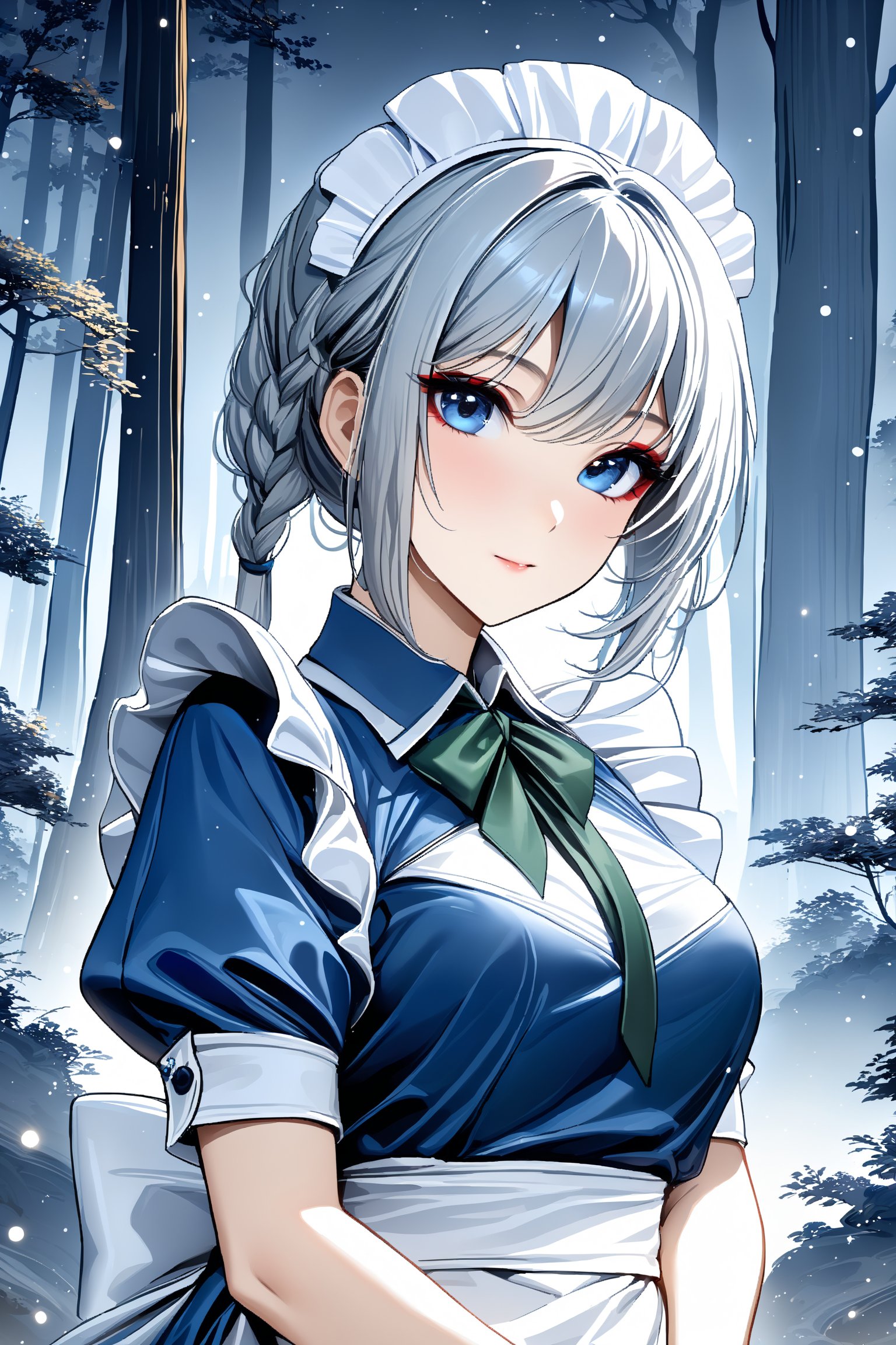 Very beautiful and elegant girl, close-up, sumi-e forest in background, attractive asian makeup, Ink brushstrokes in background, stunning image, ((masterpiece: 2)), excellent quality, light particles, fine art parody, Ink art style,Sakuya,Sakuya Izayoi,blue maid outfit,white apron,white maid headband,silver short hair,two braided hair,blue eyes,green ribbons on her braid,big green bowtie