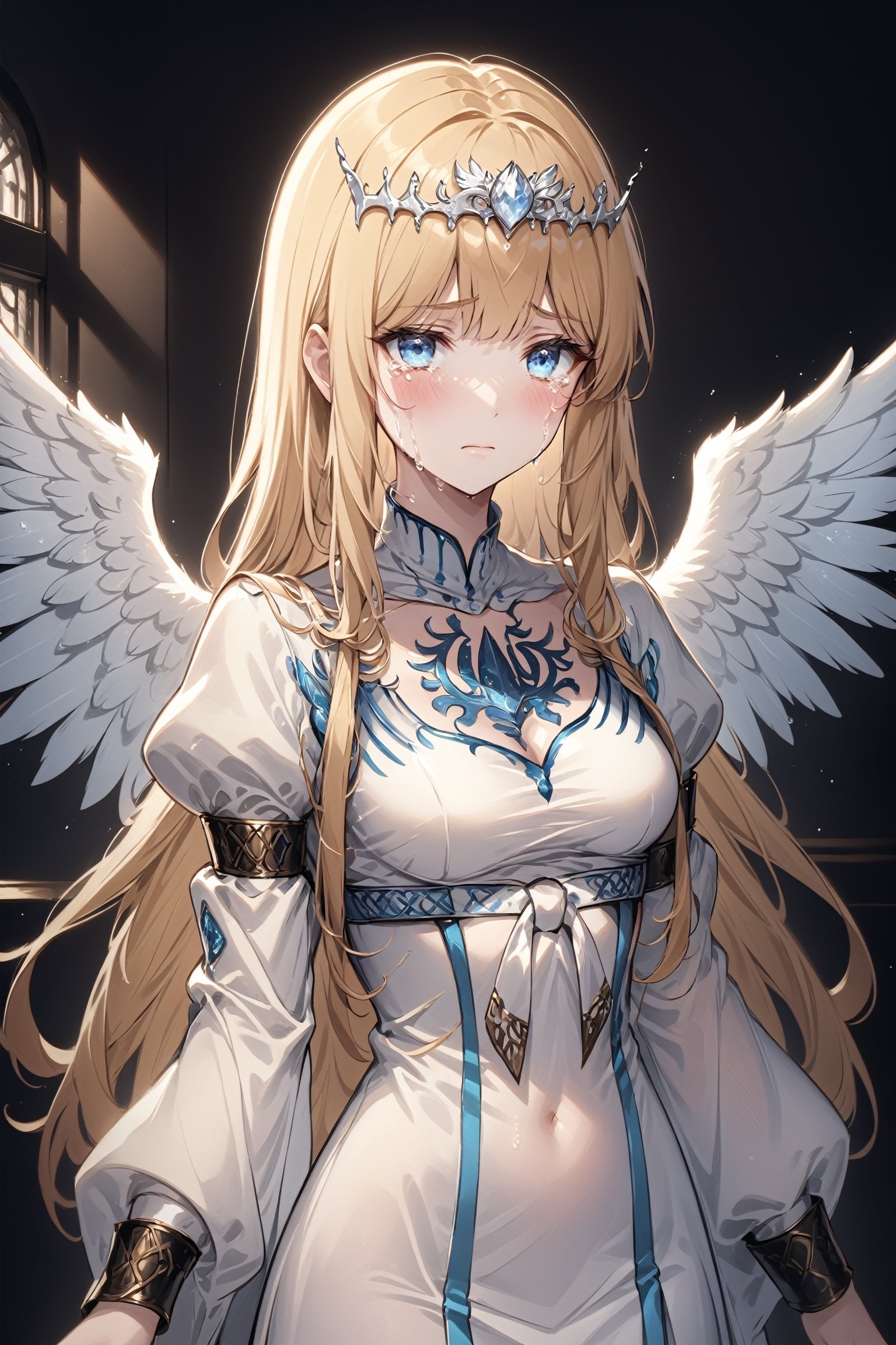 Generate hyper realistic image of a beautiful  celtic girl looking directly at the viewer.  ,light blue eyes, Sweet face and gaze, in a luxurious room,  (intricate details), highly detailed, vibrant, production film, ultra high quality photography style, Extremely Realistic,anime,  1angel, very large white wings, big pairs of wings from her shoulder,  solo, Calca, Calca Bessarez, blonde hair, extremely long hair, very long hair, white tiara, white dress, blue eyes, medium chest, face focus, close up, crying, crying_with_eyes_open, crying_tears, sadness, a lot of tears on her face, flowing tears, giant white wings,AngelStyle