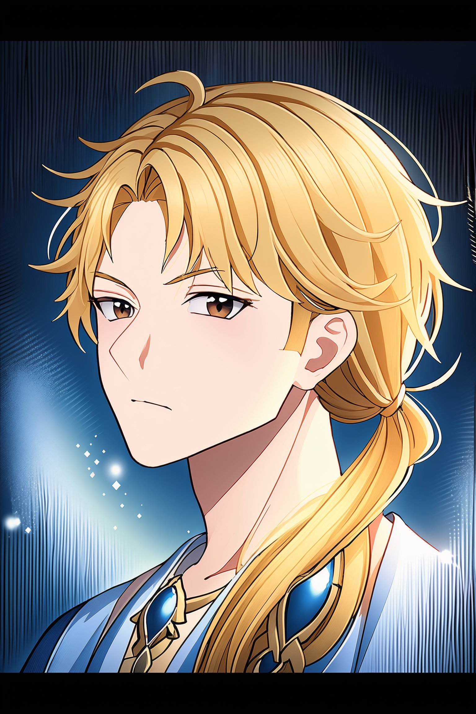 (masterpiece, top quality, best quality, official art), , extreme detailed,(abstract, fractal art:1.3), highest detailed, detailed_eyes, ,Hyouka,1male,solo,blonde hair,brown eyes,one-sided braid,very long hair,one shoulder armor, 25 years old, handsome, serious face