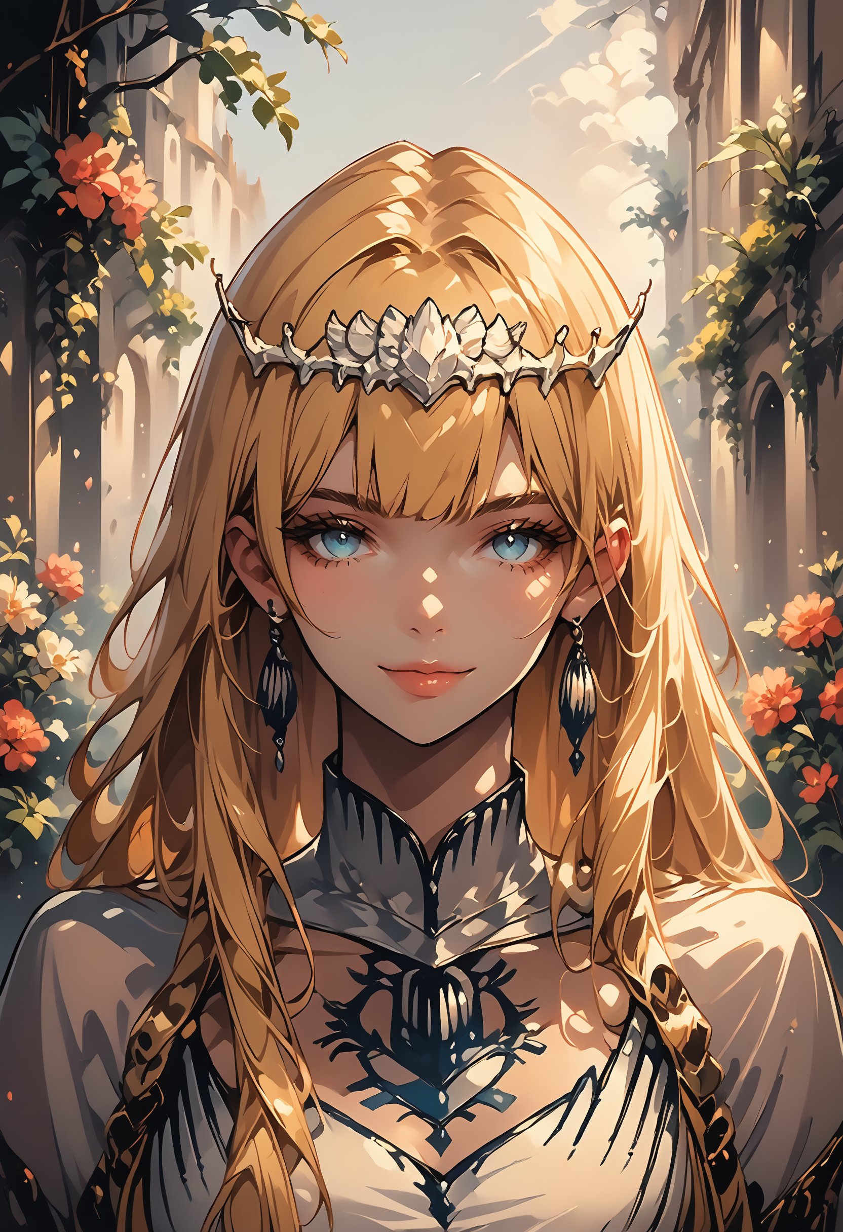 score_9, score_8_up, score_7_up, score_6_up, source_anime,   upper body, looking at you, smile, garden, sunset, 1girl, solo, Calca, Calca Bessarez, blonde hair, (extremely long hair:1.3), very long hair, white tiara, blue eyes ,extremely long hair, slim body