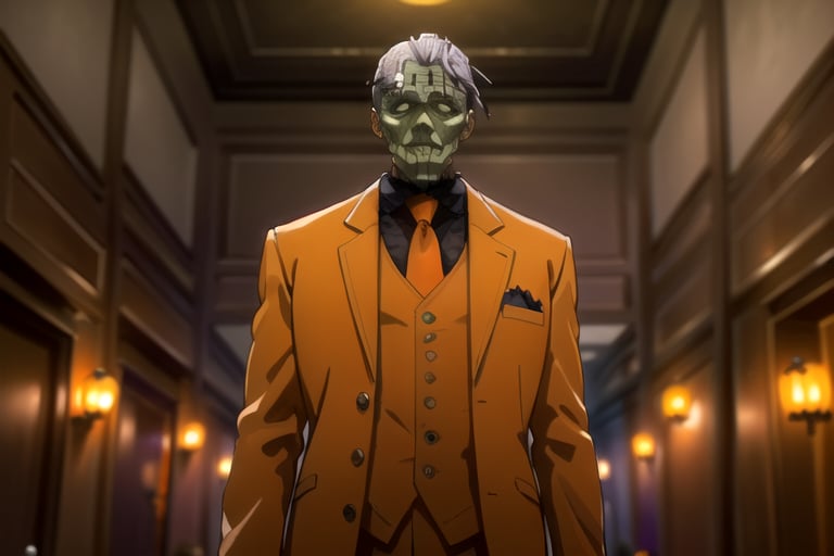 (masterpiece), (best quality), 8k illustration, Halloween, Frankenstein, (haunted house:1.4), (Halloween party:1.4), (Halloween decoration:1.4), (Halloween Frankenstein:1.4)
, 1male, solo, , sebas, orange theme, 
//Background, 50 years old, 
indoors, silver hair, short hair, white beard , (orange suit:1.3), surrounded by pumpkins, face focus 