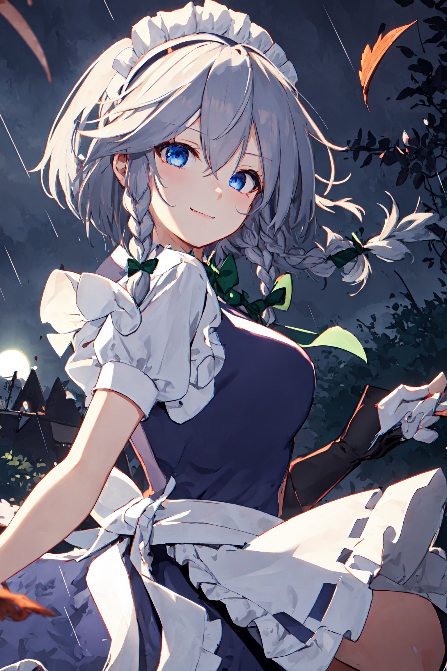 4k, high quality, masterpiece, beautiful girl, , rainy background, fantasy, impish grin, dutch angle, outside, nature, leaves in wind, outdoors, not expression, wind+,  , cool beauty, night background ,izayoi_sakuya_touhou, , ,, sakuya1, izayoi sakuya, blue maid dress,, grey hair, medium breasts, , indoors, blue eyes, dark blue eyes, green ribbons, white maid headband, pale white skin