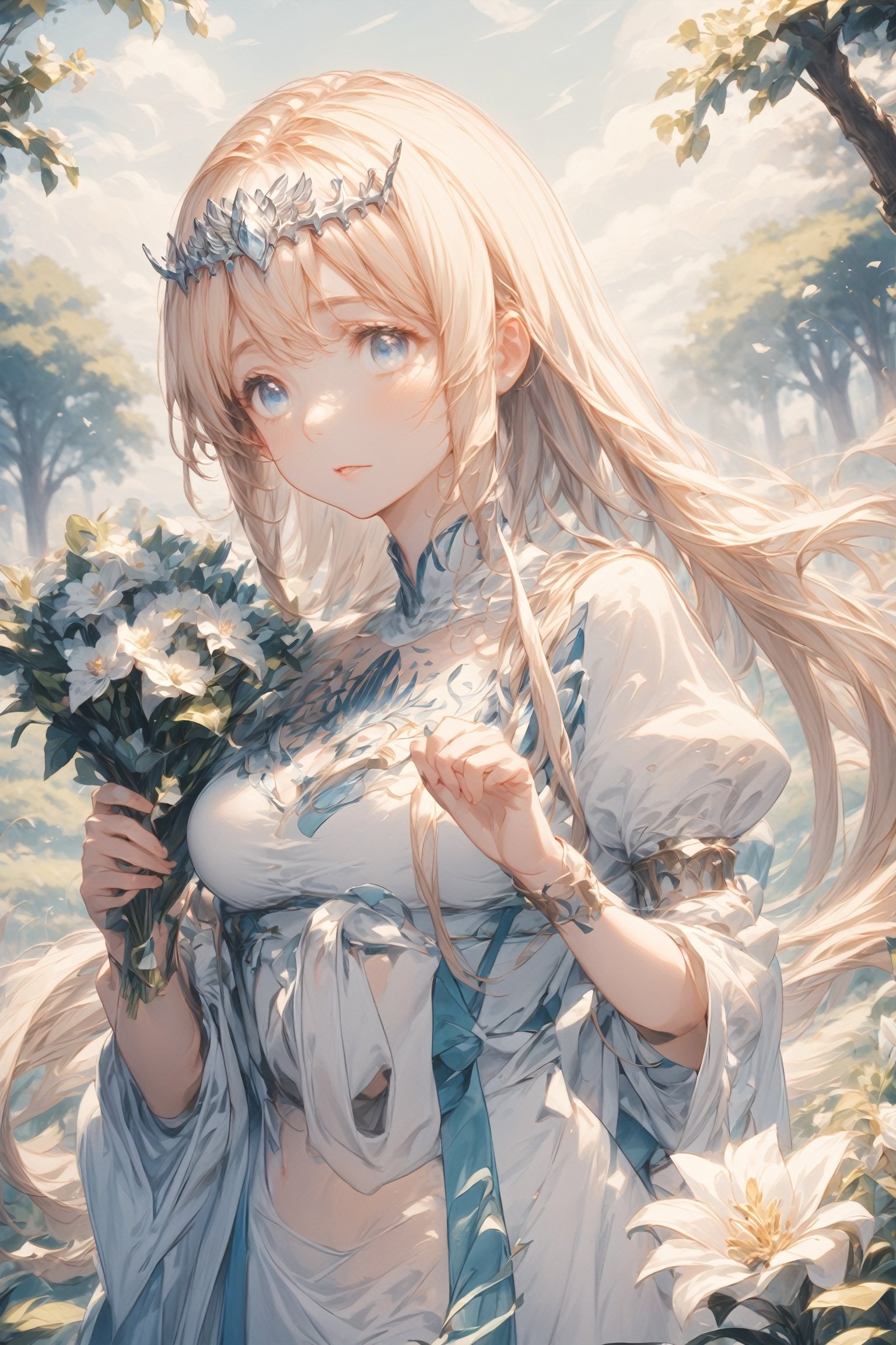 An exquisite portrait of a princess-like beauty, surrounded by lush florals in a serene flower garden under soft, natural light. Her transparent blue eyes sparkle, and delicate hair cascades down her back as she wears a tiara and holds a radiant bouquet with, radiating joy. Framed from a cowboy-inspired angle, the camera captures every exquisite detail in 8k resolution, creating an unforgettable masterpiece.,card,  1girl, solo, Calca, Calca Bessarez, blonde hair, (extremely long hair:1.4), very long hair, white tiara, white dress, blue eyes, medium chest, medium breast,