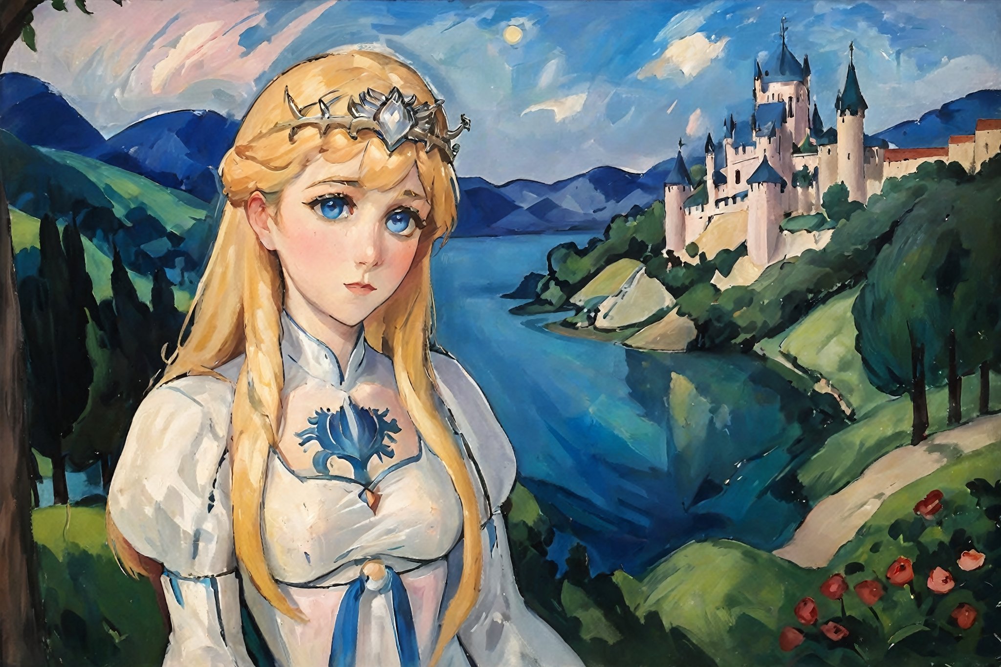 (mature female), (relax), (blush), solo, 1girl,

Detailed face, ultra-detailed, bright skin, high-quality skin texture rendering, masterpiece, (highest quality),  8k, (anime)

medieval age castle background,  1girl, solo, Calca, Calca Bessarez, blonde hair, (extremely long hair:1.3), very long hair, white tiara, white dress, blue eyes, medium chest, expressionist painting, 