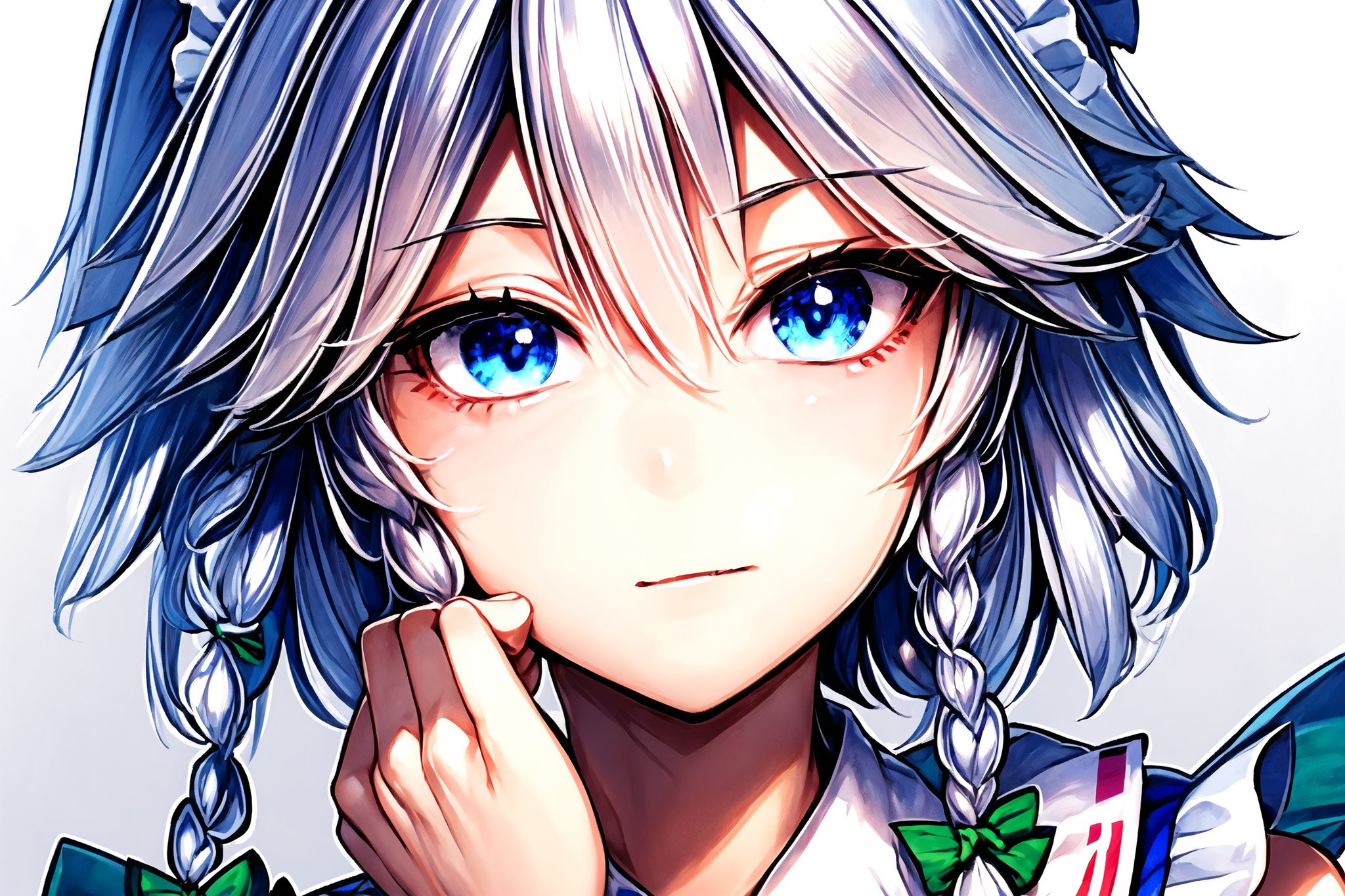 masterpiece, best quality
mono color background,izayoi_sakuya_touhou, 1girl, solo, sakuya izayoi, silver hair, maid dress, white apron, very short skirt, sexy pose, sleeveless outfit, detailed face, detailed eyes, fresh blue eyes, big green ribbons, blue outfit, 