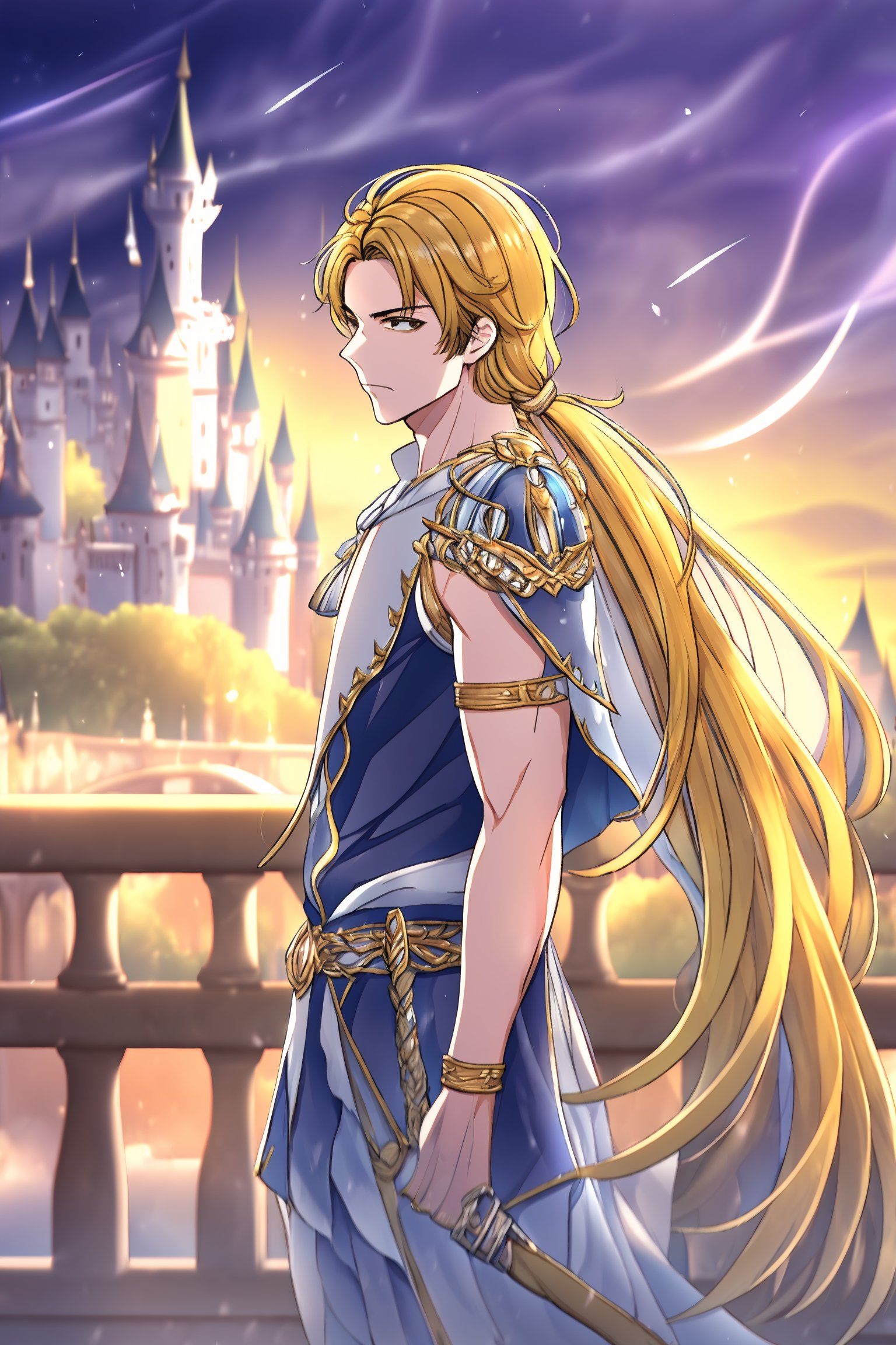 , outdoors,  blurry, from the side, castle background, ,Hyouka,1male,solo,blonde hair,brown eyes,one-sided braid,very long braided hair,one shoulder armor, handsome man, 25 years old, serious face