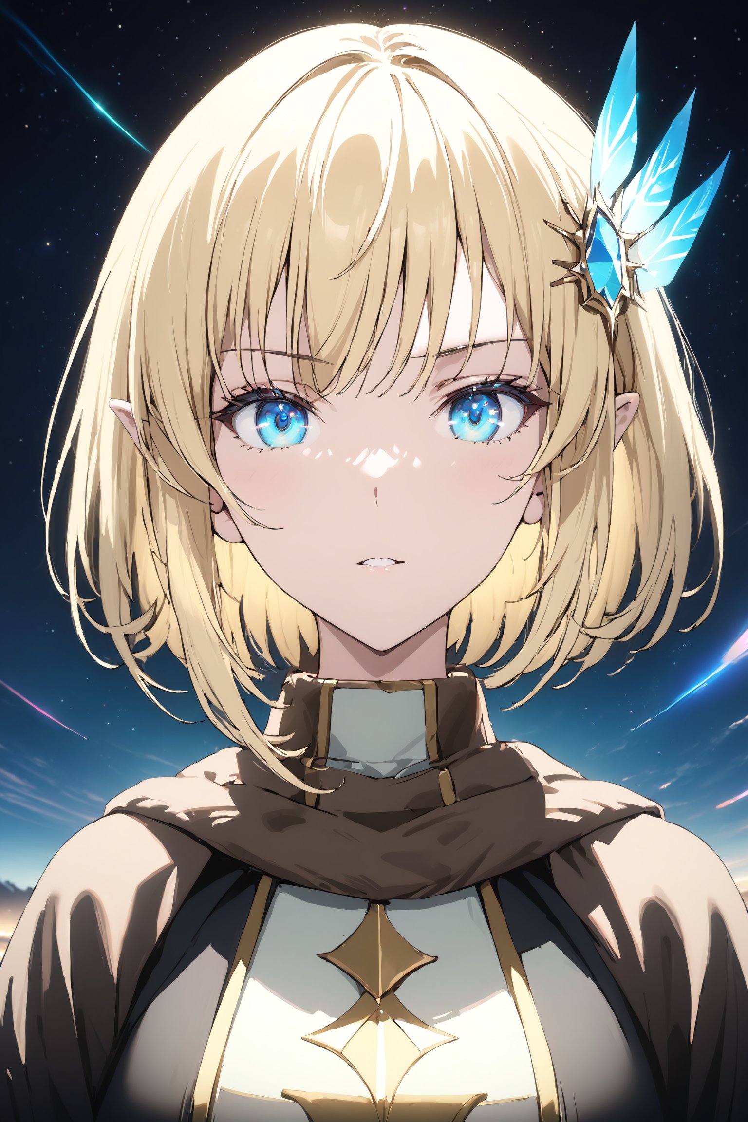 gorgeous girl, upper body, looking at the viewer, front view, dynamic pose. Double exposure with a starry sky, masterpiece, ((double exposure)), proportional, 1girl, cayna, blue eyes, pointy ears, hair ornament, blonde hair, short hair