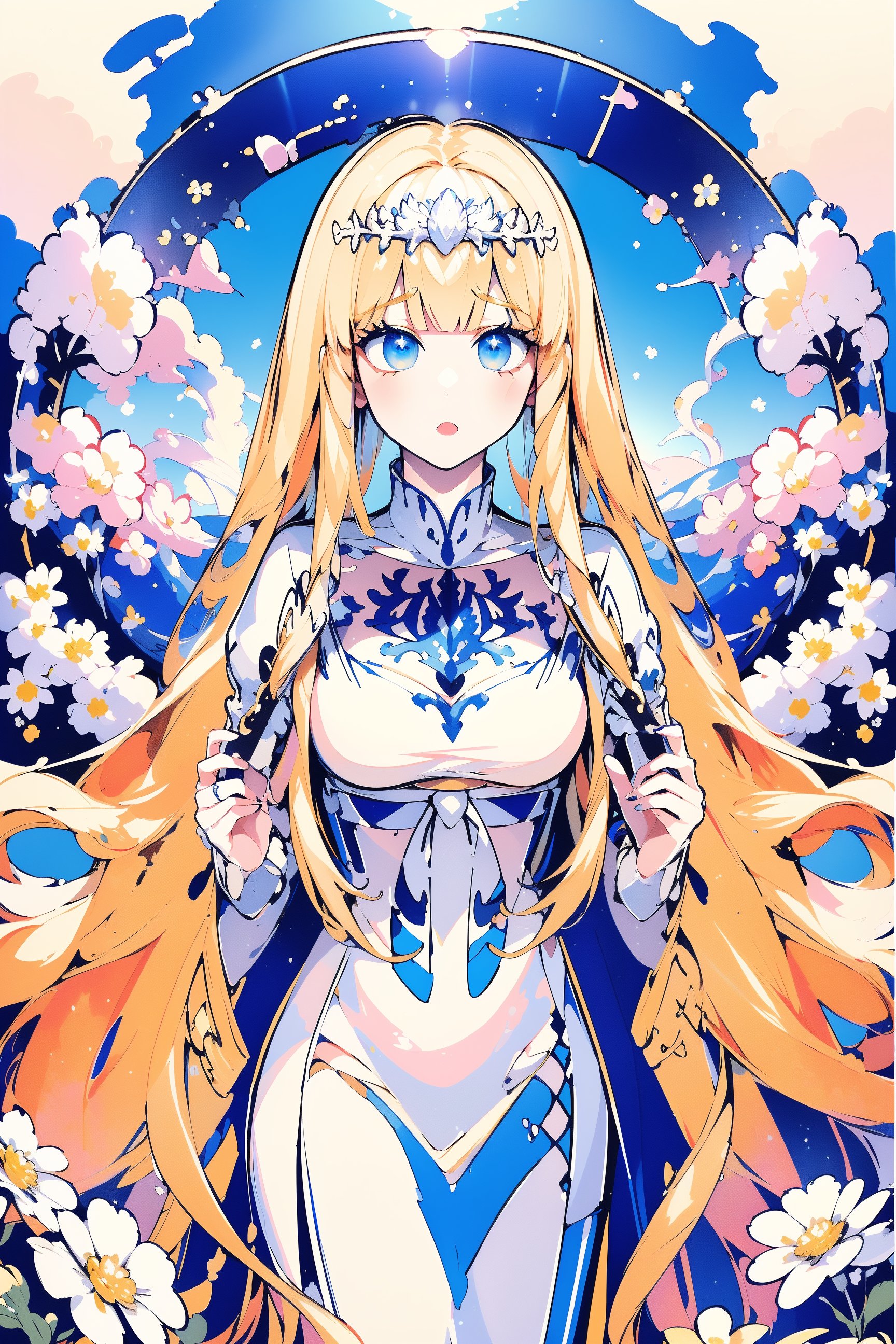 (masterpiece, best quality, highres:1.3), ultra resolution image, (1girl), (solo), ,  wonderland, sunlight, flowers, colorful, hold white flowers, dreamy, , 1girl, solo, Calca, Calca Bessarez, blonde hair, (extremely long hair:1.5), very long hair, white tiara, white dress, blue eyes,