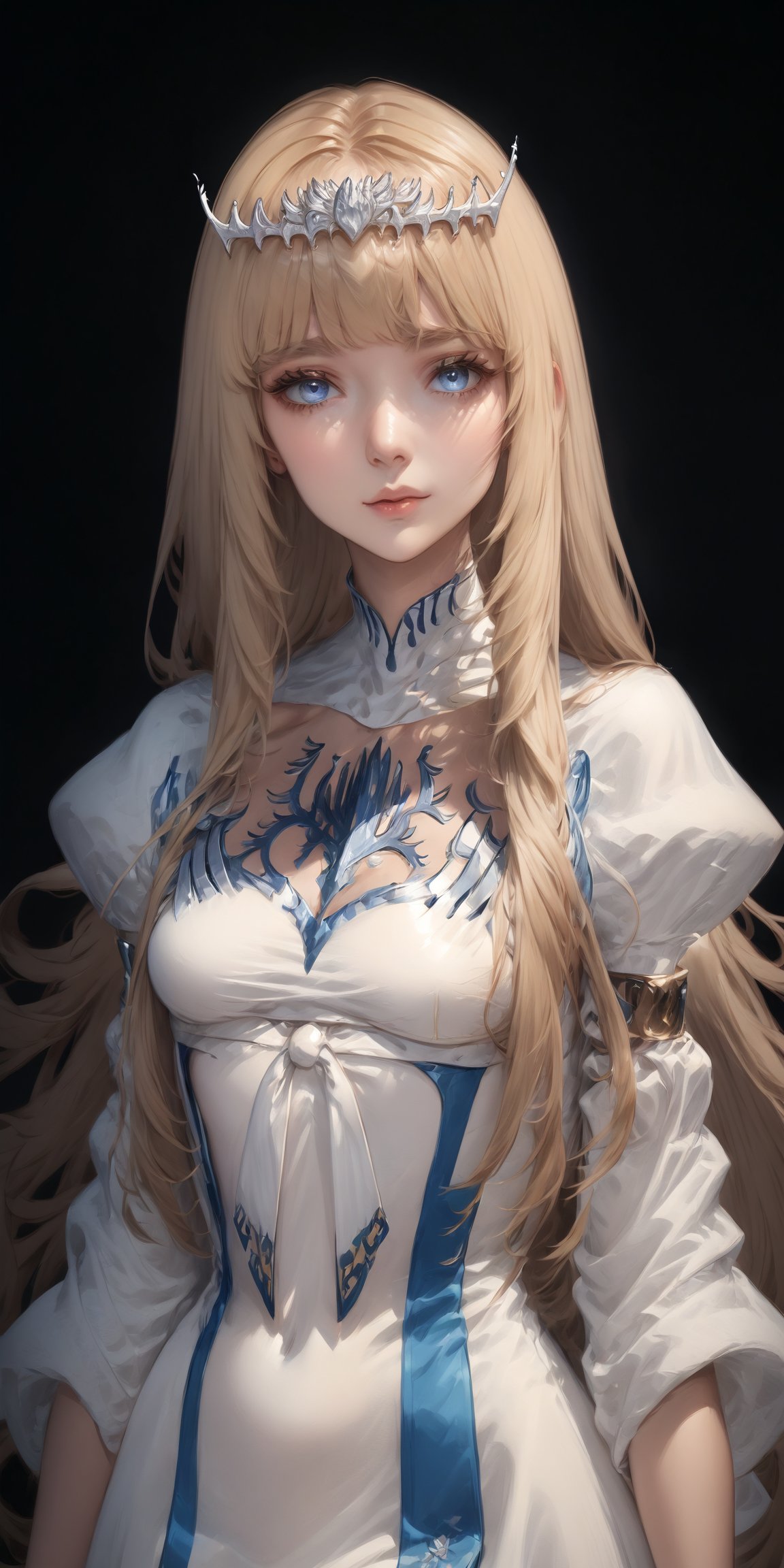 , looking at viewer,  flower, standing, 1girl, solo, Calca, Calca Bessarez, blonde hair, (extremely long hair:1.3), very long hair, white tiara, white dress, blue eyes, medium chest,extremely long hair, blunt_bangs, bangs