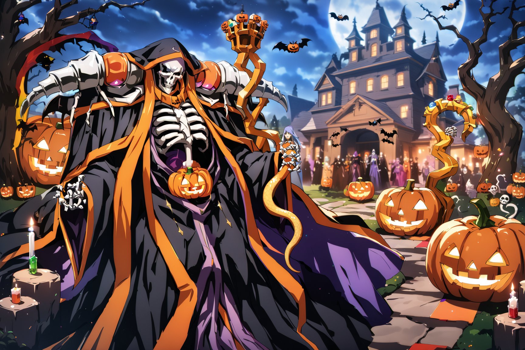 score_9, score_8_up, score_7_up, score_6_up, source_anime, best quality, masterpiece, colorful, very aesthetic, anime, BREAK   ainz ooal gown, skeleton, lich, orange dark robe, orange dot eyes, overlord, so-bin style, teeth, hood, orange magic, enchanted, orange guild staff, orange Halloween staff  with snakes  and jewels,ainz ooal gown \(overlord\), Movie Poster, MoviePosterAF, (Halloween party:1.4), (Halloween decoration:1.4), pumpkin, bat, death tree, grave yard, outdoor, Horror atmosphere, Halloween poster