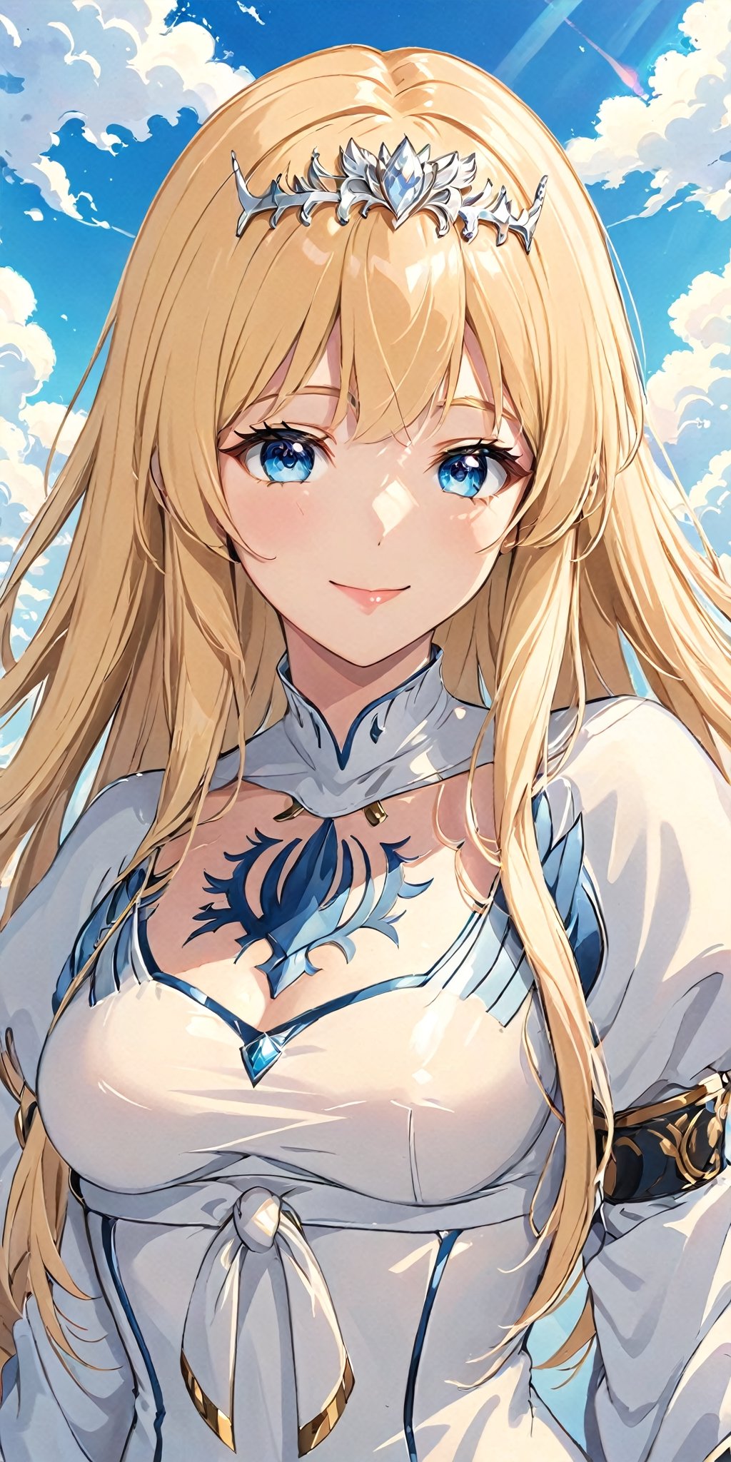 1girl, solo, looking at viewer,  heaven background, , detailed background,, ,close lips,smile, , Calca, solo, calca, blonde hair, medium chest, extremely long hair, very long hair, extra long hair, white tiara, white dress, blue eyes,Calca Bessarez,medium breast