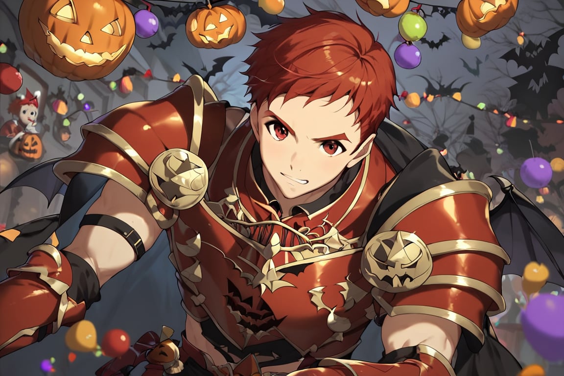 Climb, score_9, score_8_up, score_7_up,, masterpiece, best quality, best aesthetic, 1boy, ((solo)), male focus, red hair, red eyes, short-hair, red armor, red gauntlets, red pumpkins shoulder armor, Spooky breastplate, red armored bootsoutdoors,  (Halloween party:1.4), (Halloween decoration:1.4), black bat wings 