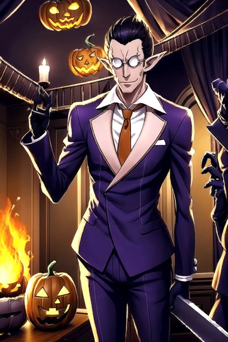 (((masterpiece))),best quality, illustration,(detailed male), (Hallloween party:1.4), pumpkins, surrounded by pumpkins, detailed lighting, detailed fire, haunted house, cancel light, horror atmosphere, (detailed eyes), expressionless,,demiurge, orange suit, orange trouser, Orange Necktie, Silver Round Glasses, short hair, pointy ears, black hair, Diamond Eyes, long metal tail, black gloves, demiurge, (Halloween outfit:1.4), villain, bat