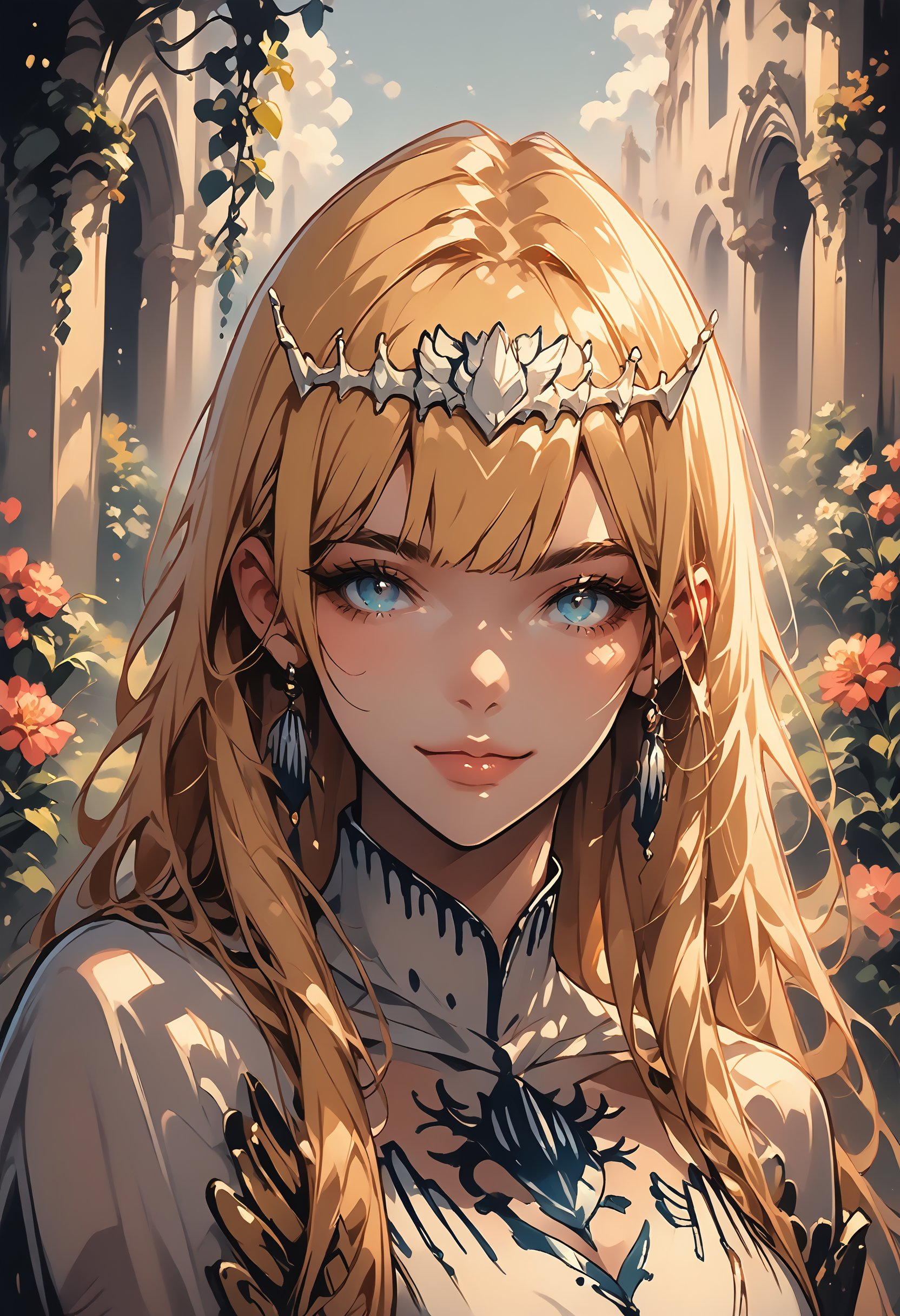 score_9, score_8_up, score_7_up, score_6_up, source_anime,   upper body, looking at you, smile, garden, sunset, 1girl, solo, Calca, Calca Bessarez, blonde hair, (extremely long hair:1.3), very long hair, white tiara, blue eyes ,extremely long hair, slim body