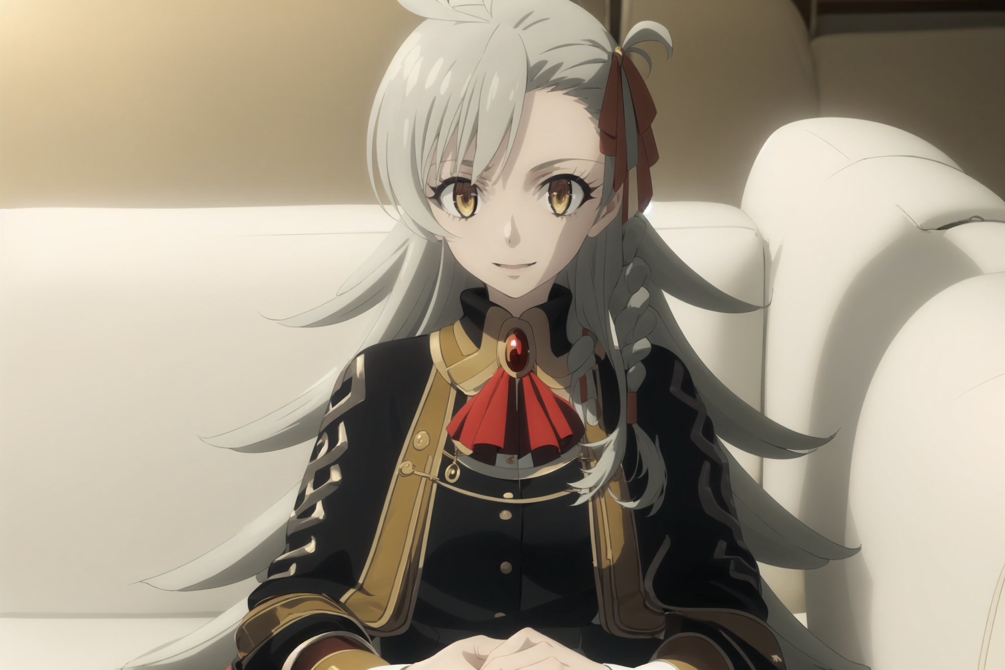 best quality, (masterpiece:1.2), detailed, (1girl,:1.3) solo, closed mouth, light smile,grey hair, yellow eyes, long hair, ahoge,  side braid, hair ribbon, black dress, black skirt, brooch, red ascot, capelet, white sleeves, black pantyhose,sitting, couch, looking at the viewer, indoors, close up, upper body