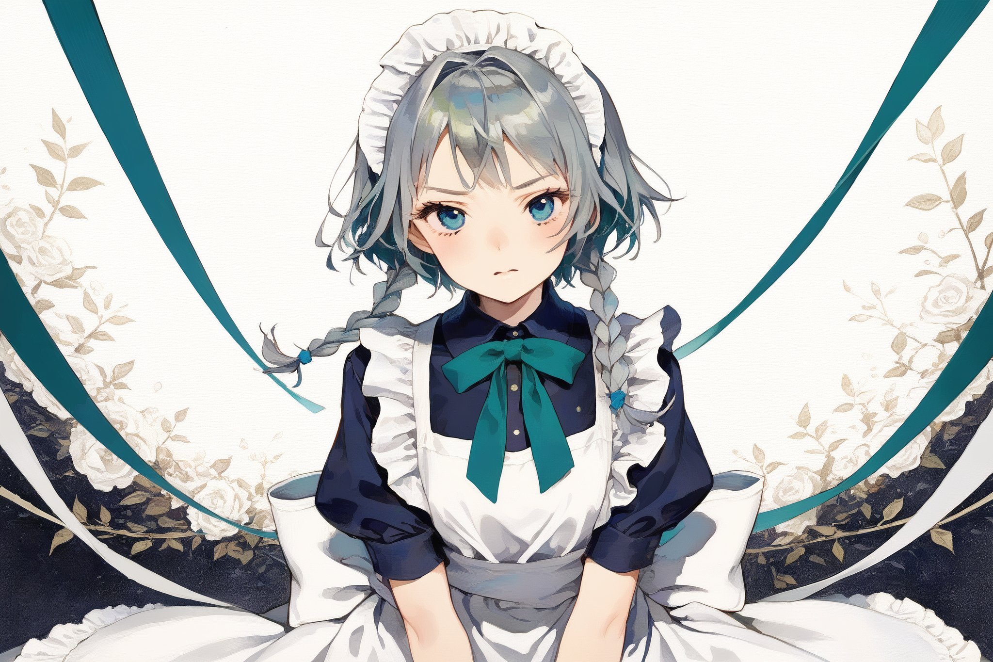 ,fascinator,,,masterpiece, best quality, aesthetic,  Sakuya, , Sakuya Izayoi, blue maid outfit, white apron, white maid headband, silver hair, (two braided hair:1.6), short hair, blue eyes, blue eyes, (two green ribbons on her braided hair:1.5), green bowtie, Sakuya, 25 years old, mature female, serious face