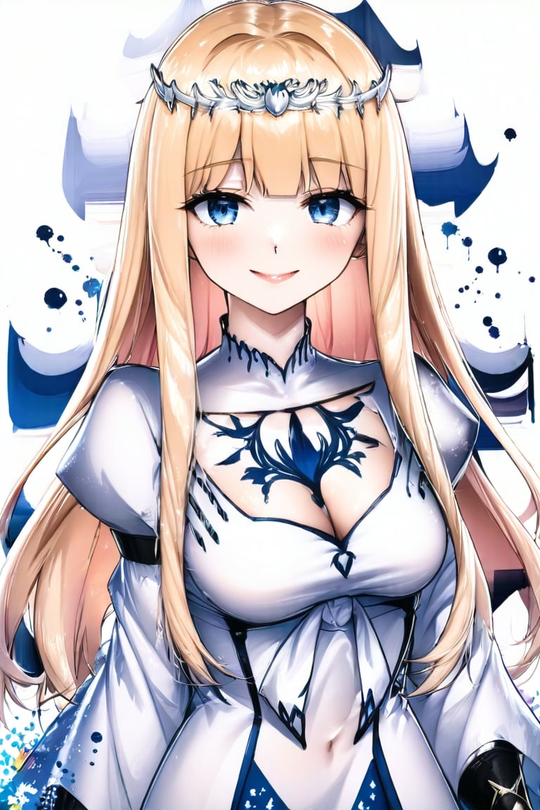 A very beautiful anime girl that is looking at viewer, she smiles; very elegant girl. Stunning and attractive image, detailed image, masterpiece quality, 8k, ink brushstrokes in background, Ink droplets in background, Anime art style, ink art, 1girl, solo, Calca, Calca Bessarez, blonde hair, (extremely long hair:1.3), very long hair, white tiara, white dress, blue eyes, medium chest,extremely long hair, blunt_bangs, bangs