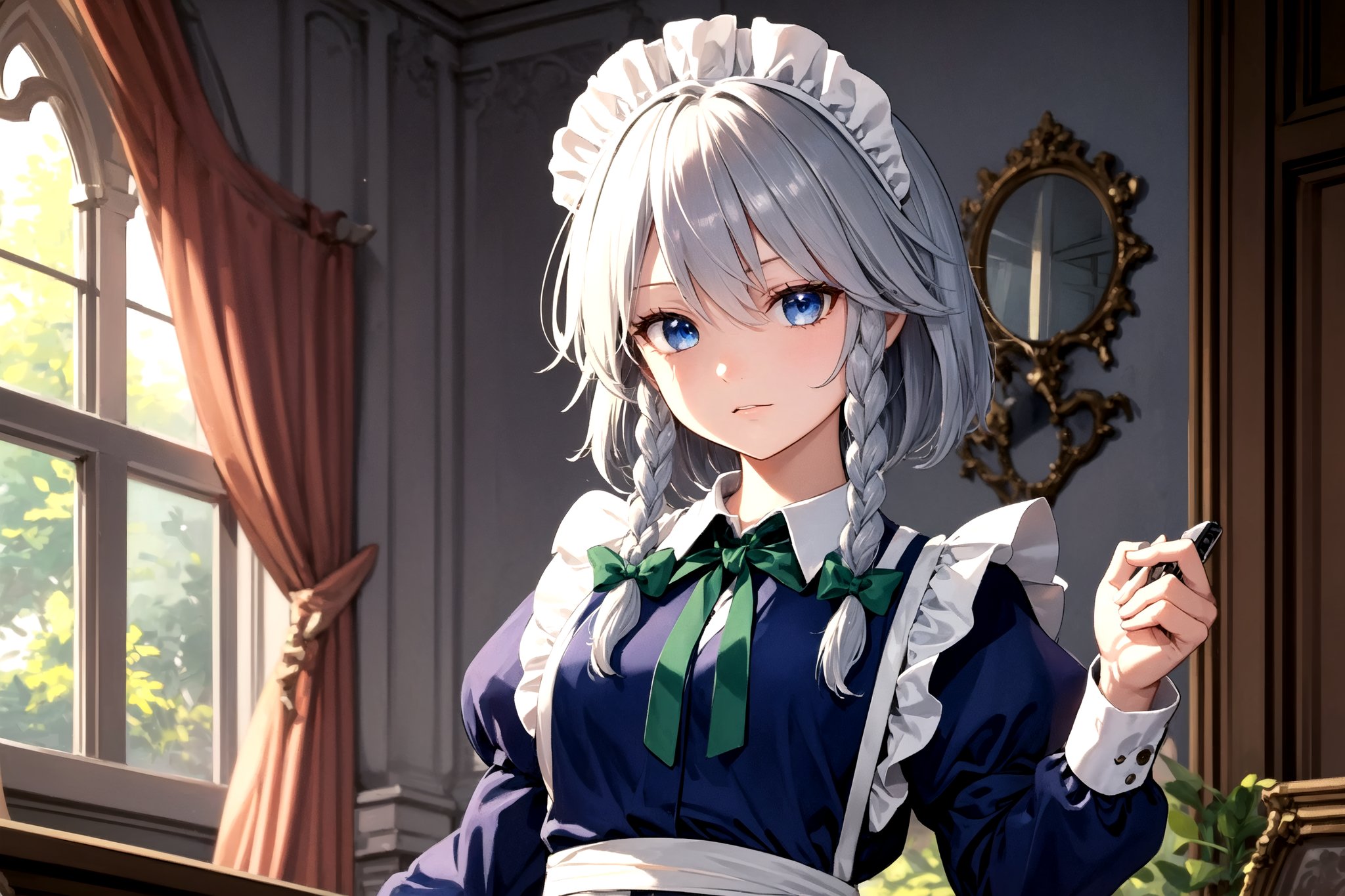 //Quality,
masterpiece, best quality
,//Character,
1girl, solo
,//Fashion,
,//Background, indoor, gothic Victorian mansion
,//Others,
, full_body,izayoi_sakuya_touhou, , silver hair, maid dress, white apron, very short skirt,, sleeveless outfit, detailed face, detailed eyes, fresh blue eyes, big green ribbons, blue outfit, double braids, small green ribbons