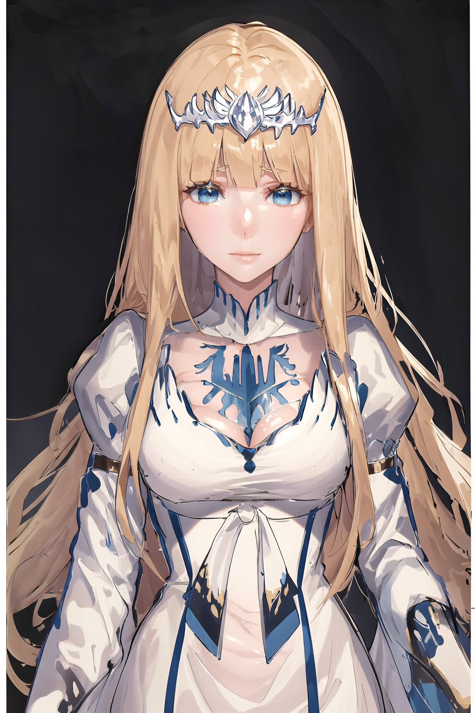 masterpiece, best quality, ultra-detailed, 8k, (detailed background, complex background:1.2), (perfect face, detailed face),  1girl,solo, Calca, Calca Bessarez, blonde hair, (extremely long hair:1.3), very long hair, white tiara, white dress, blue eyes, medium chest, indoor, in the luxurious room, throne room, victorian gothic style room