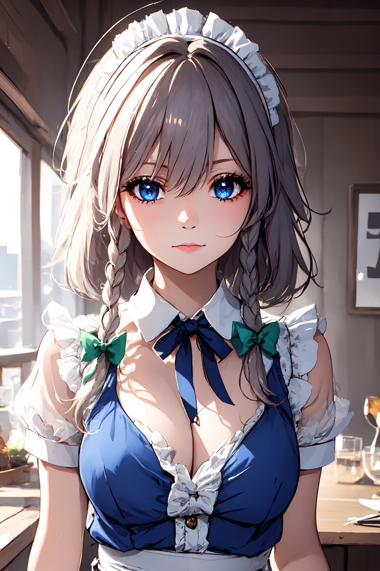 Beautiful girl. The background of the picture is a luxurious ancient city. Detailed eyes, detailed image, detailed skin; . blue eyes. Proportional and beautyful body. It's nightime.,pastelbg,Beautiful,izayoi_sakuya_touhou, izayoi sakuya, maid, , grey hair, medium breasts, , , indoors,, serious face, blue eyes, dark blue eyes, green ribbons,