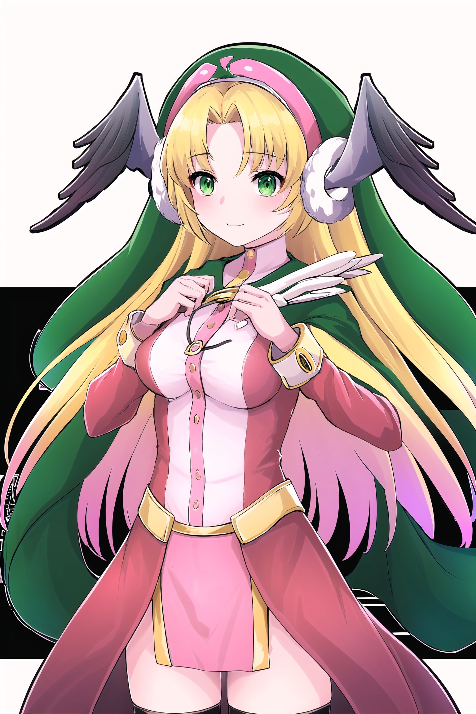 (masterpiece), best quality, high resolution, highly detailed, detailed background, perfect lighting,  medium chest, Divine Chant, 4th Seat of the Black Scripture, blonde hair, green eye, (pink dress:1.2), green hood, very long hair, 1girl, solo, angelwing-shaped earmuffs