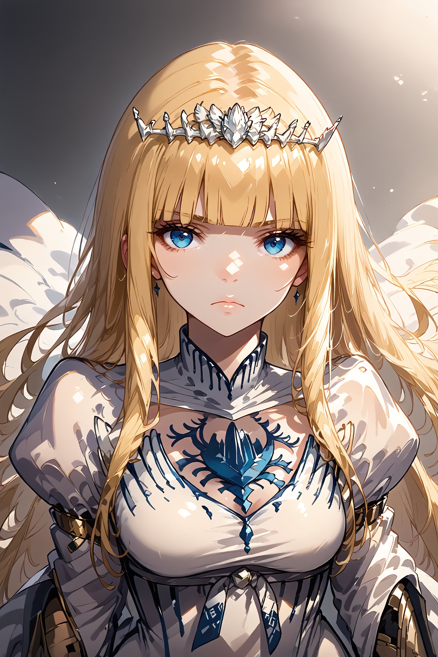 beautiful woman
best quality, masterpiece, ultra-detailed, high resolution, 
serious face,  looking at the viewer, 
source_anime,score_7_up,score_8_up,score_9,Expressiveh,dark theme, upper body, from above,Calca,Calca Bessarez,1girl,blonde hair,(extremely long hair:1.3),white tiara,white dress,blue eyes,medium chest,blunt bangs