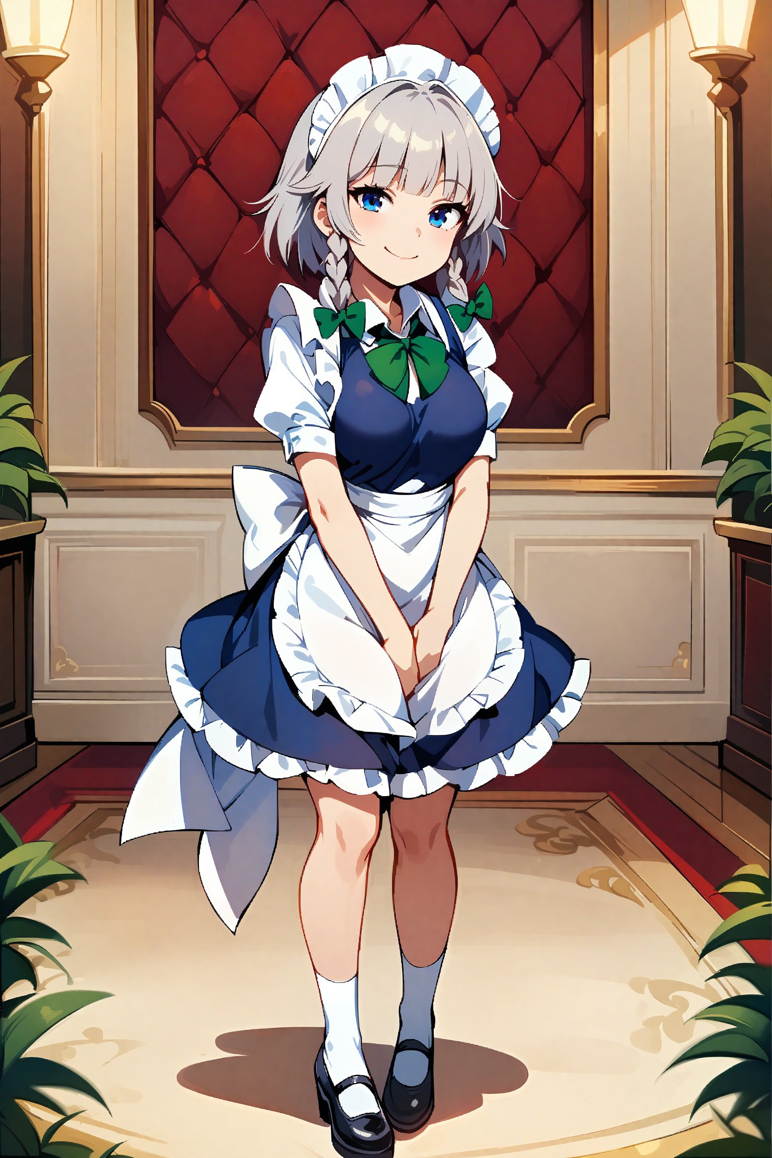 {{full body}}, blunt bangs, alone, beautiful girl, best Smile, ,ultra-detailed, 4k, 4K, high quality, 1girl, solo,Sakuya,Sakuya Izayoi,blue maid outfit,white apron,white maid headband,silver short hair,(two braided hair:1.2),blue eyes,green ribbons on her braid,big green bowtie