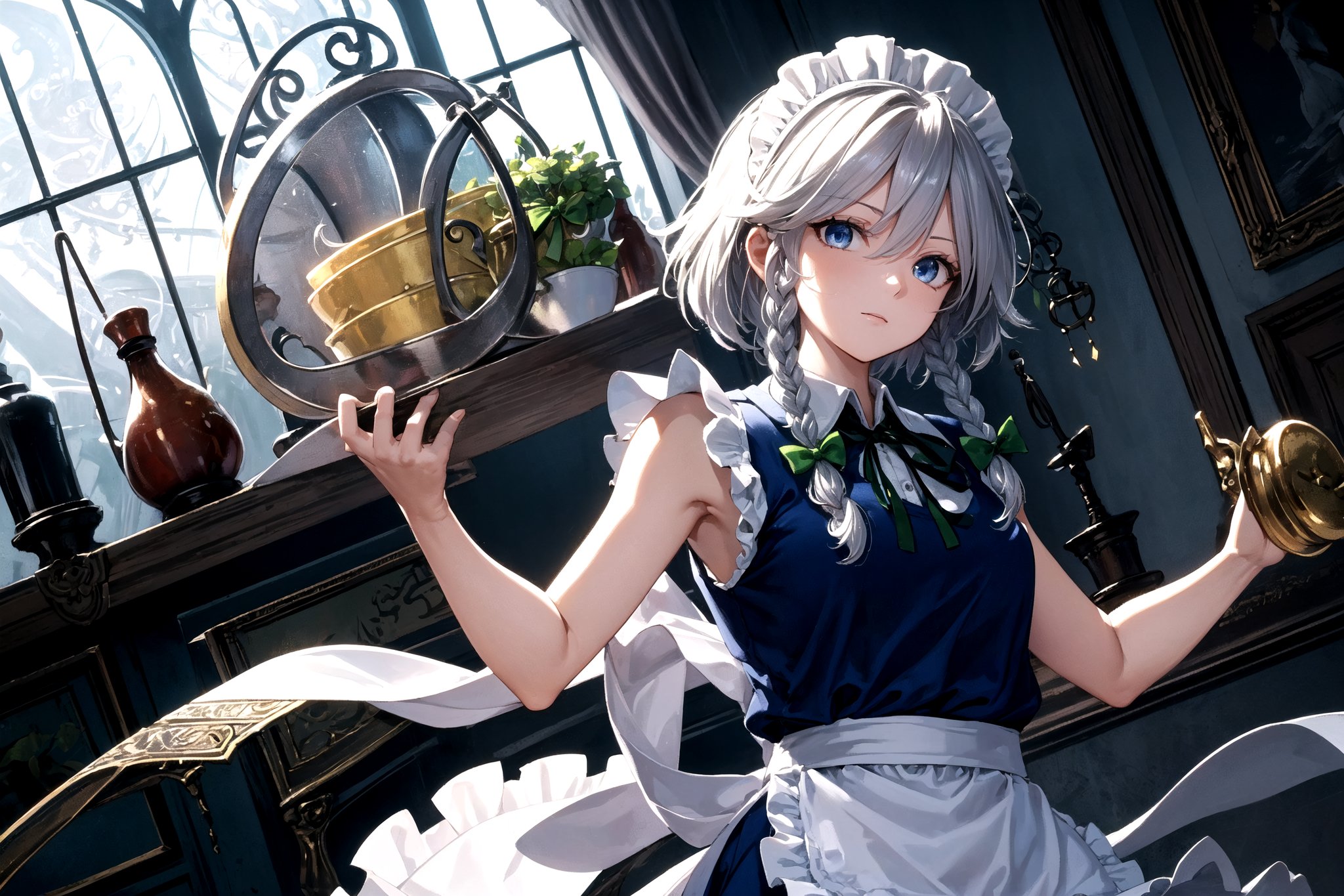 //Quality,
masterpiece, best quality
,//Character,
1girl, solo
,//Fashion,
,//Background, indoor, gothic Victorian mansion
,//Others,
, full_body,izayoi_sakuya_touhou, , silver hair, maid dress, white apron, very short skirt,, sleeveless outfit, detailed face, detailed eyes, fresh blue eyes, big green ribbons, blue outfit, double braids, small green ribbons