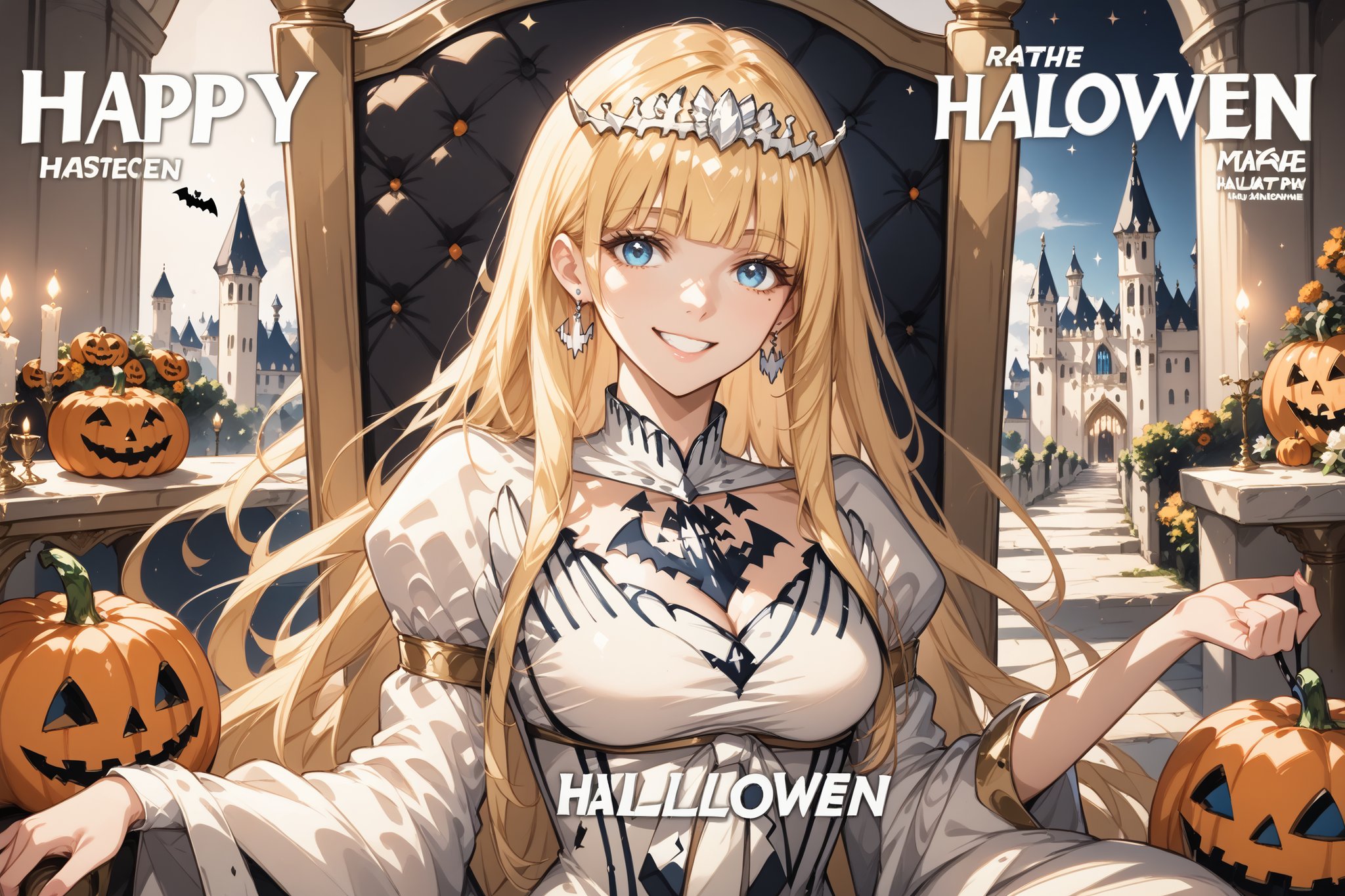 magazine, magazine cover, score_9, score_8_up, masterpiece, best quality, highres, BREAK, solo, smile, female focus, earrings,
(masterpiece), (best quality), 8k illustration, solo, in hall, palace, throne,  (Halloween party:1.4), (Halloween decoration:1.4), blonde hair,Calca,Calca Bessarez,1girl,(extremely long hair:1.3),white tiara,white dress,blue eyes,medium chest,blunt bangs