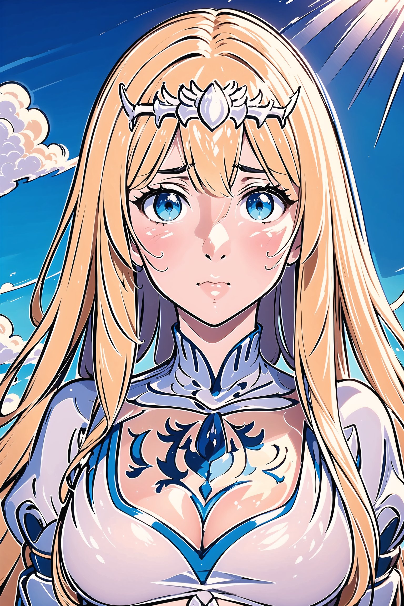 masterpiece, best quality, 1girl,, aqua eyes, looking at viewer, confused look, blue sky, cloud trail, ,,solo, calca, blonde hair, , medium chest, (extremely long hair:1.3), very long hair, extra long hair, white tiara, white dress, blue eyes,