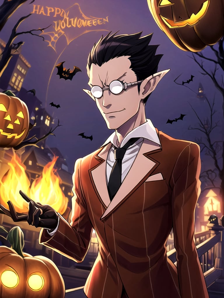 (((masterpiece))),best quality, illustration,(detailed male), (Hallloween party:1.4), pumpkins, surrounded by pumpkins, detailed lighting, detailed fire, haunted house, cancel light, horror atmosphere, (detailed eyes), expressionless,,demiurge, orange suit, orange trouser, Orange Necktie, Silver Round Glasses, short hair, pointy ears, black hair, Diamond Eyes, long metal tail, black gloves, demiurge, (Halloween outfit:1.4), villain, bat