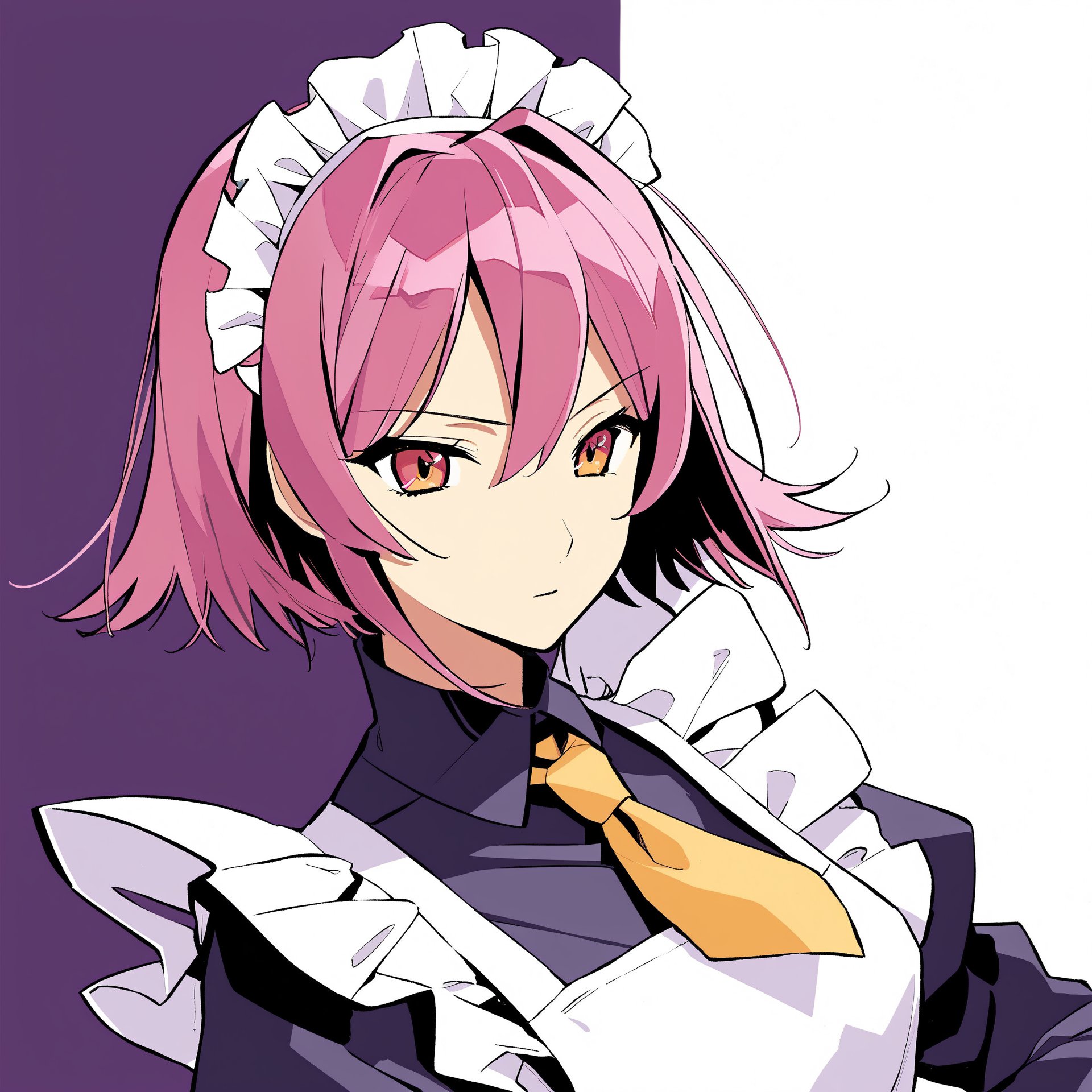 1girl,dark purple maid dress,white apron,white maid headband,yellow double necktie,long sleeve,dark pink hair,sidelock,short hair,dark pink eyes