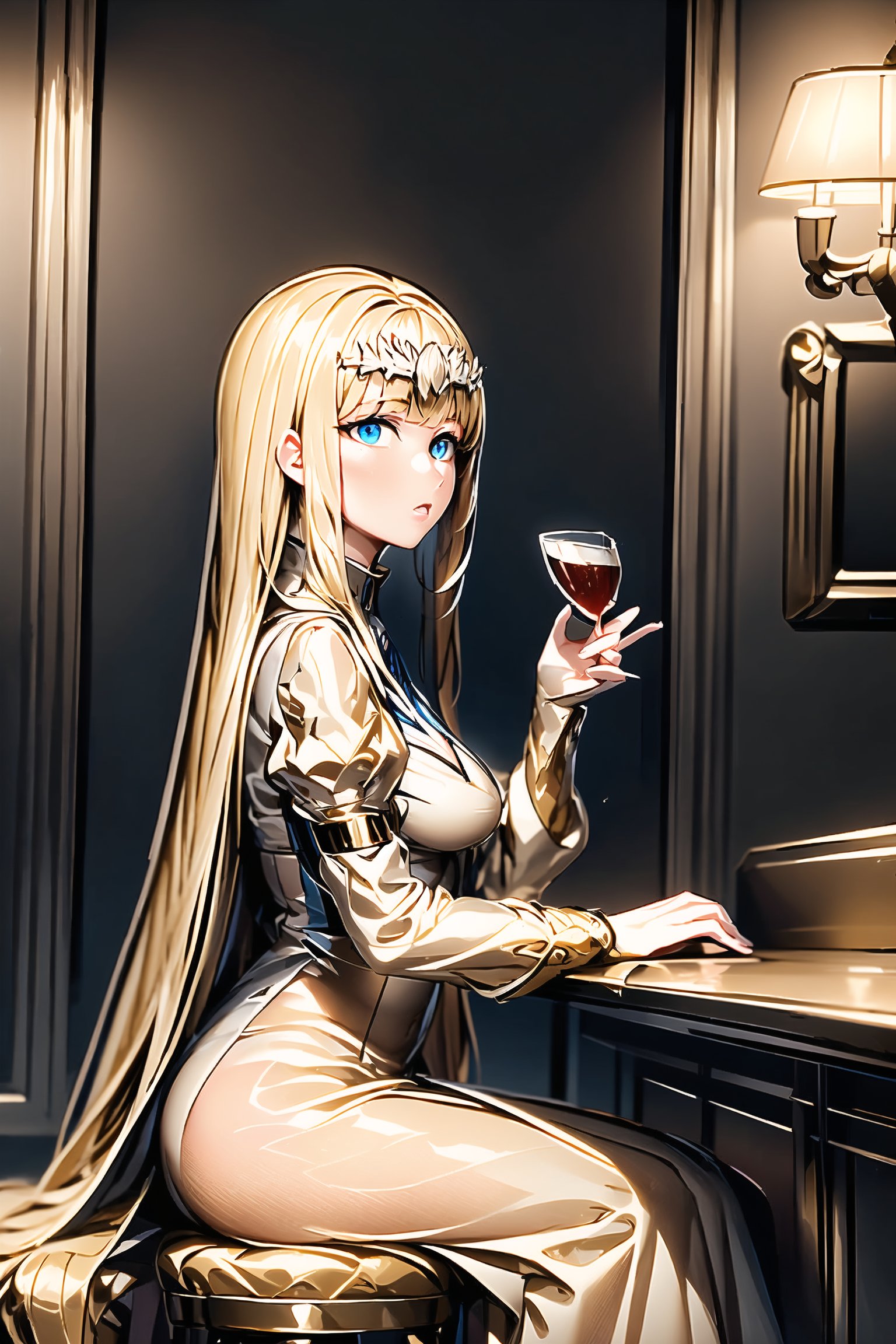 ((best quality)),  ((highly detailed)),  masterpiece,  ((official art)), indoors, alcohol, bar \(place\), counter, table, stool, chandelier, sitting, from the side, parted lips, 1girl, solo, Calca, Calca Bessarez, blonde hair, (extremely long hair:1.3), very long hair, white tiara, white dress, blue eyes, medium chest,extremely long hair