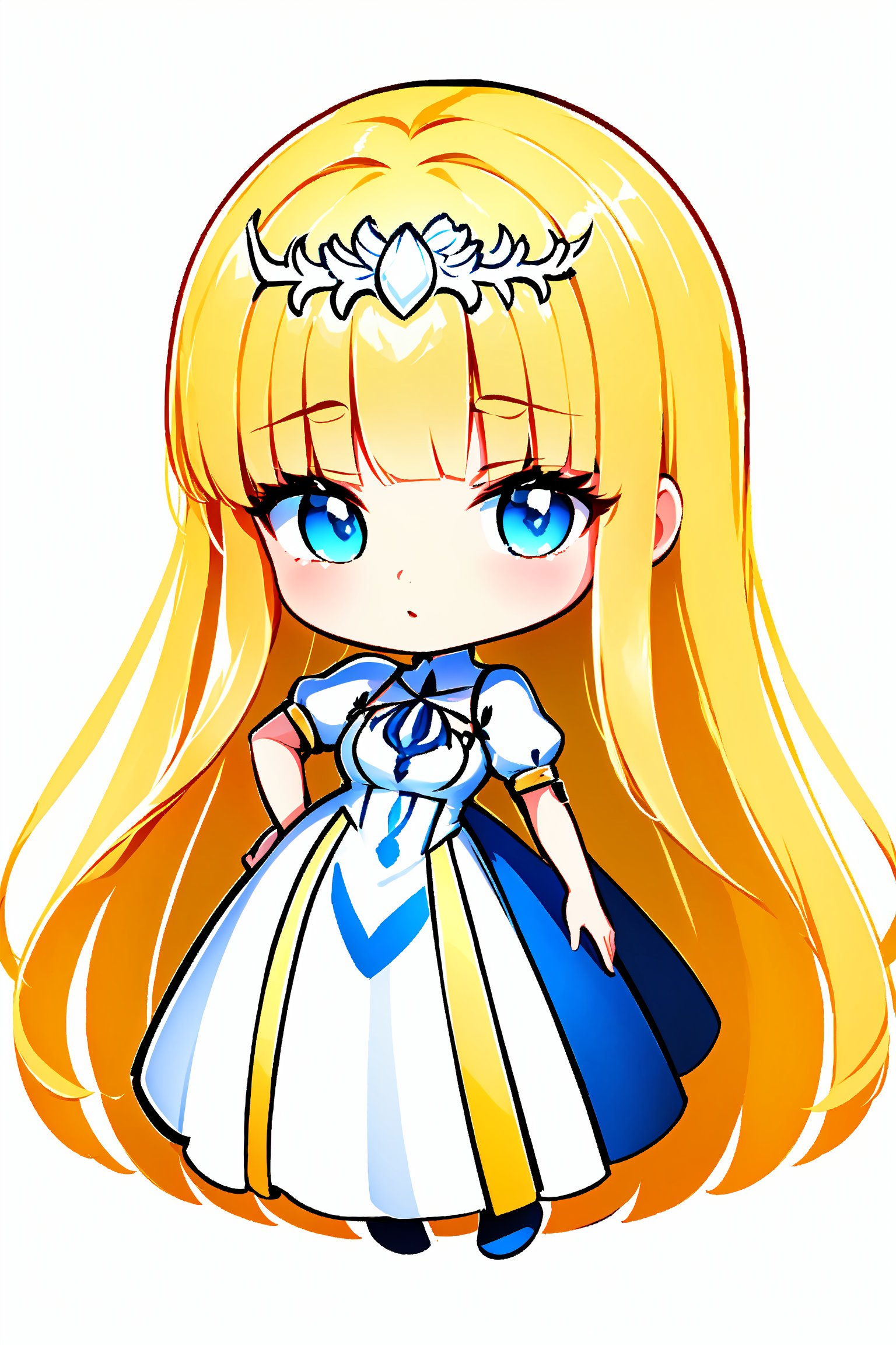 Cute girl, White background, full body image, masterpiece quality, stunning image, beautiful blonde hair, detailed image, one hand on the waist,Chibi, ,1girl, solo, Calca, Calca Bessarez, blonde hair, (extremely long hair:1.3), very long hair, white tiara, white dress, blue eyes, medium chest