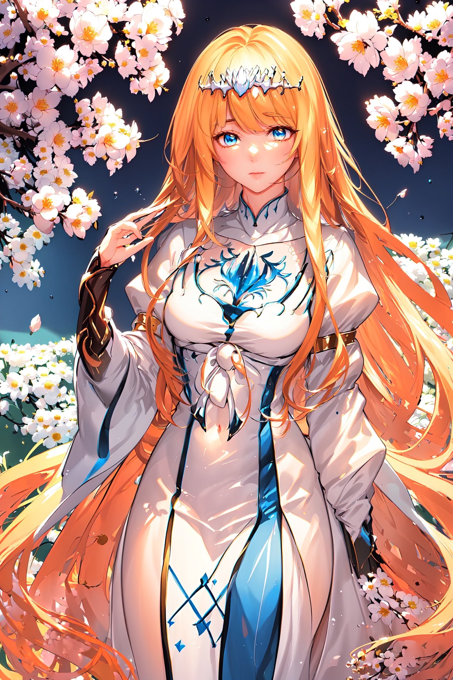 ((masterpiece: 1.2)), beautiful and aesthetic girl, ((1girl)), extreme detailed, highest detailed image, ((detailed eyes)), ((light particles)), , , , cherry blossom, cherry blossoms, mdeium shot., solo, Calca, Calca Bessarez, blonde hair, (extremely long hair:1.3), very long hair, white tiara, white dress, blue eyes, medium chest