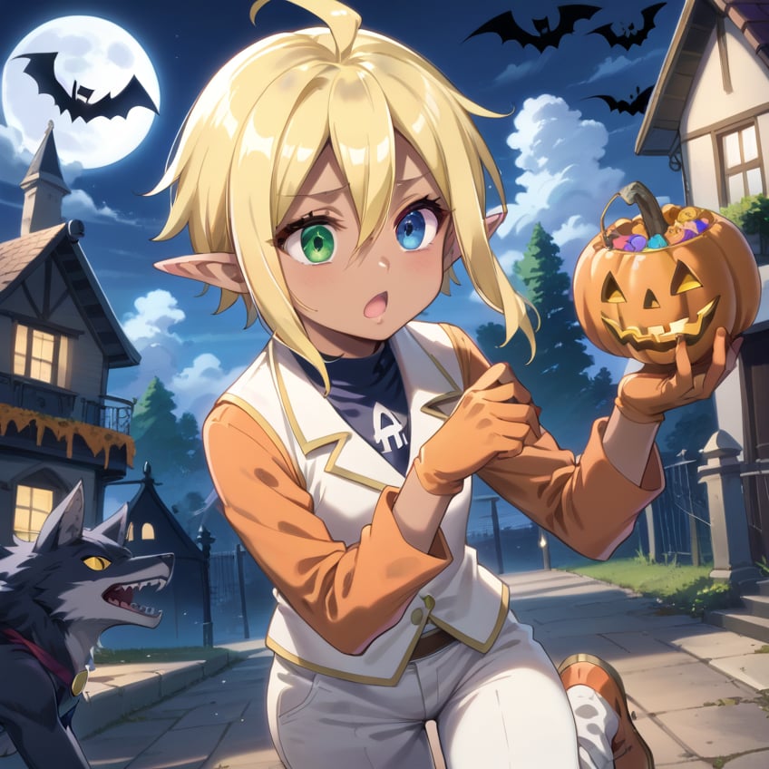 score_9,score_8_up,score_7_up,source_anime,BREAK,Aura Bella Fiora \(overlord\),short hair, blonde hair, hair between eyes, blue eyes, green eyes, heterochromia, pointy ears, dark skin, elf, ahoge, Halloween shirt, long sleeves, Halloween gloves, , white vest, white pants, orange footwear, 1girl, (Halloween party:1.4), (Halloween decoration:1.4), grave yard, night time, skeleton around, Haunted house, Ghostly fog, (black wolf:1.4), playing with the wolf