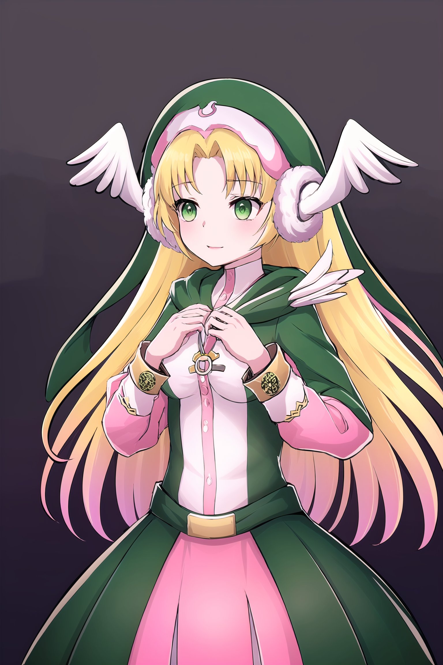 (masterpiece), best quality, high resolution, highly detailed, detailed background, perfect lighting,  medium chest, Divine Chant, 4th Seat of the Black Scripture, blonde hair, green eye, (pink dress:1.2), green hood, very long hair, 1girl, solo, angelwing-shaped earmuffs