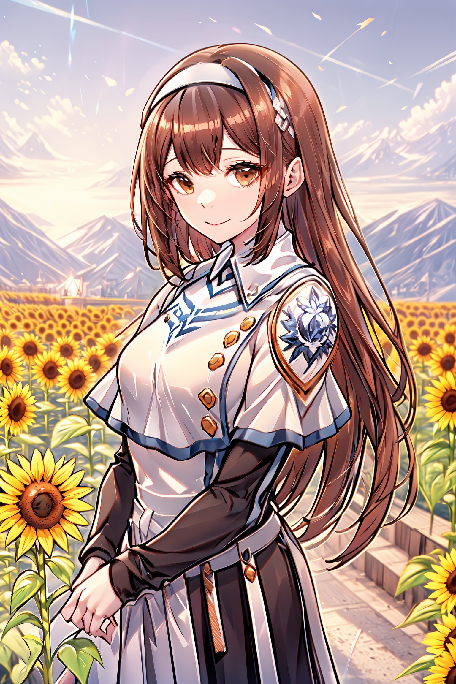  flower, outdoors,  blurry, from the side, yellow flower, sunflower, 1girl, solo,,Kelart, extremely long hair, brown hair, white hairband, brown eyes, medium chest, black sleeve, white outfit, black long skirt