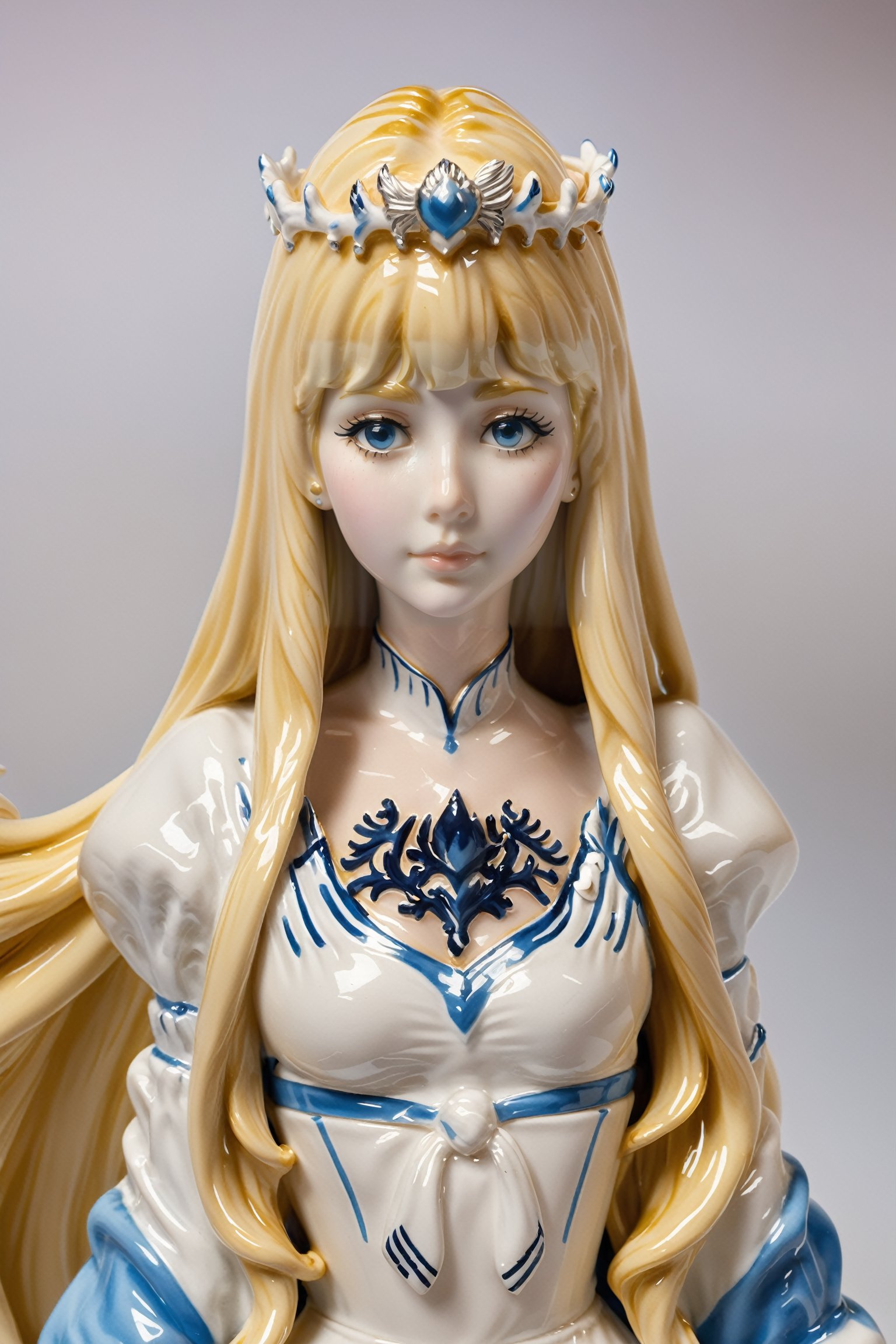 A beautifully crafted ceramic or porcelain figurine of an anime waifu, more detail XL, 1girl, solo, Calca, Calca Bessarez, blonde hair, (extremely long hair:1.3), very long hair, white tiara, white dress, blue eyes, extremely long hair,medium breast