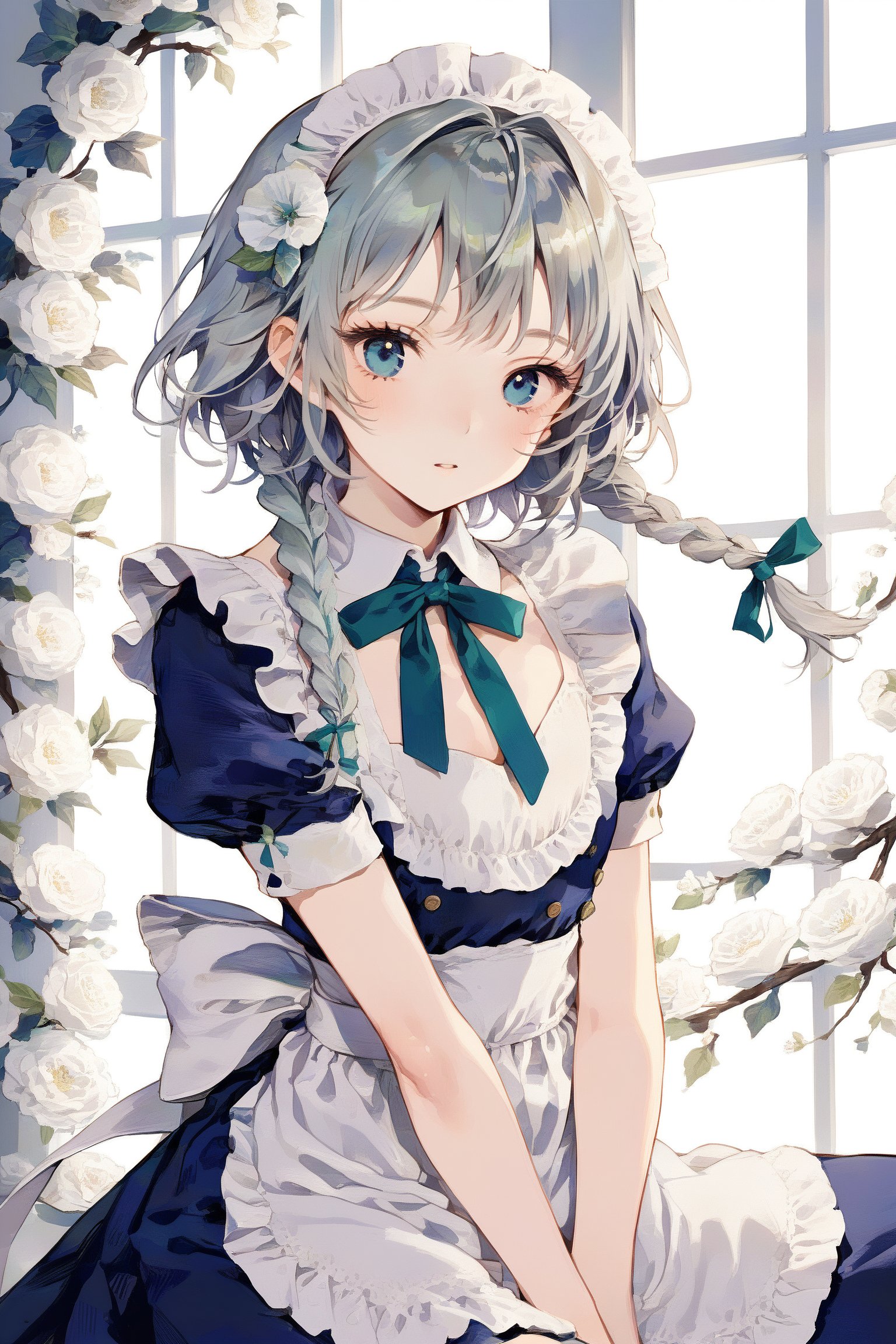 ,fascinator,,,masterpiece, best quality, aesthetic,  Sakuya, , Sakuya Izayoi, blue maid outfit, white apron, white maid headband, silver hair, (two braided hair:1.6), short hair, blue eyes, blue eyes, (two green ribbons on her braided hair:1.5), green bowtie, Sakuya