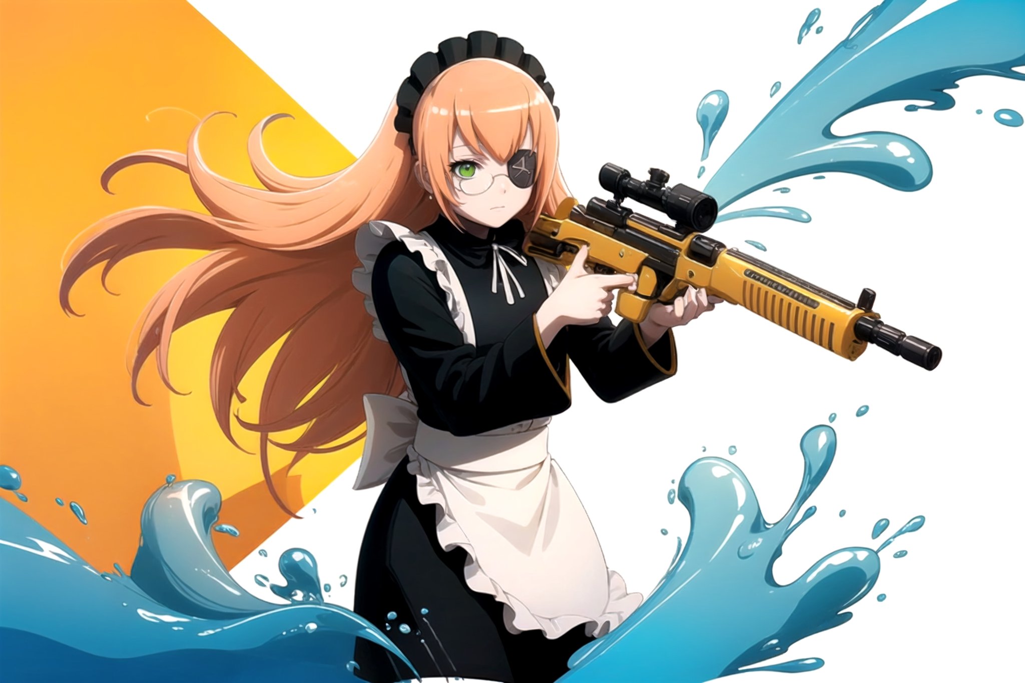 //Quality, (masterpiece), (best quality), 8k illustration,
//Character,
1girl , solo,

,cz2128 delta, pink color hair, orange color hair, peach color hair, black eyepatch on right-sided eyes, green eyes, maid outfit, holding gun, machine gun,Songkran Festival,

water splash, water festival, water gun, sand castle, water bucket, golden pagoda, golden temple, festival flags, effect of flowing water, colorful style, Thailand decoration, colorful swimming glasses, water effect